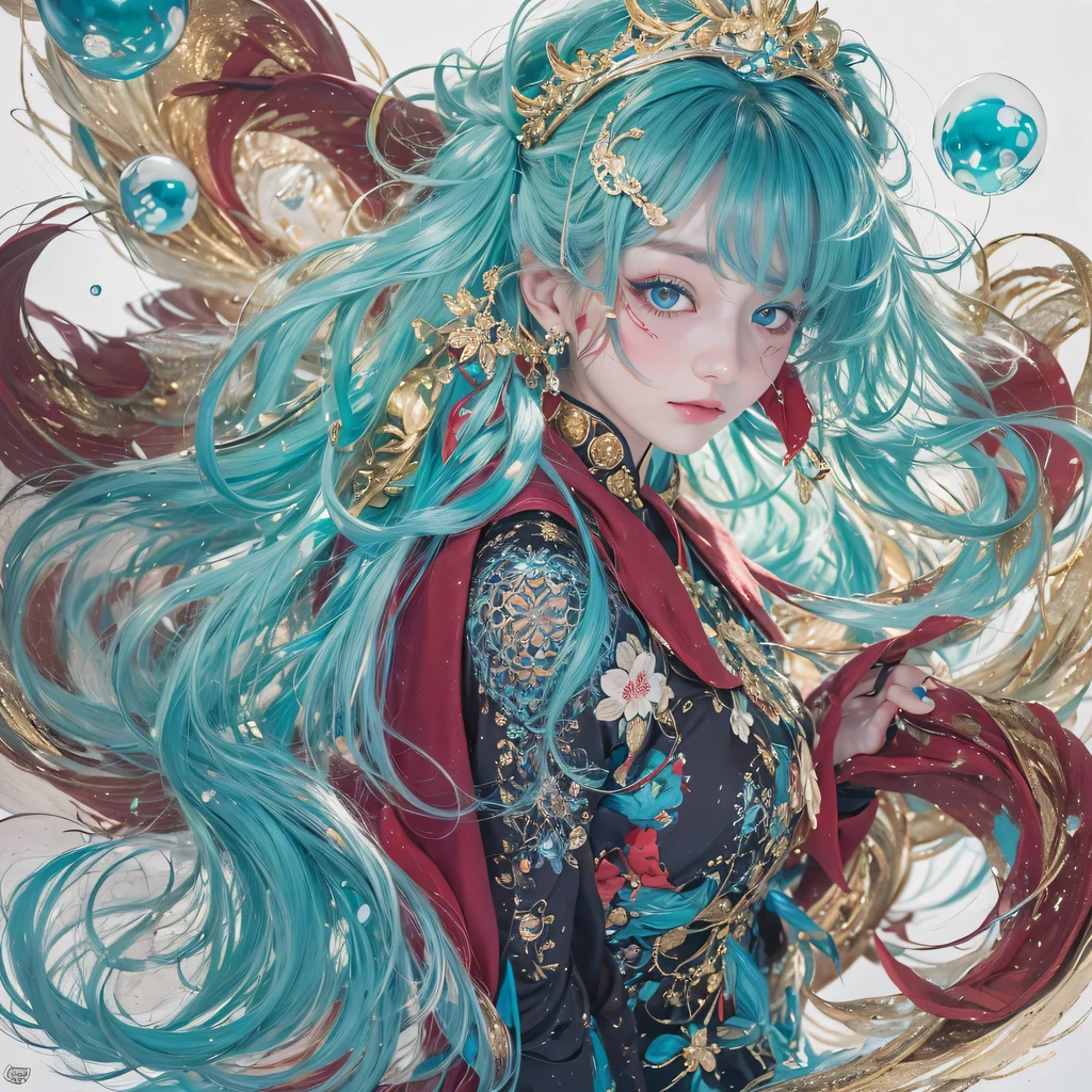 黄 blue colors,enamel,agate,A flesh-colored world,Blood Blue Maiden 32k(masterpiece,HD,Aoyama Pond,Ultra high quality,32k)long flowing bright blue hair,blood pool,Ziddink, a color,Grumpy (After greeting), (Linen scarf), fighting stance, looking at the ground, long white hair, Floating bright blue, Fire cloud gold headdress, Chinese long-sleeved gold silk burgundy garment, (Abstract metaverse splash:1.2), White background,Peony flower vitality protector(realistically:1.4),bright purple hair,Smoke on the road,The background is very pure, high resolution, detail, RAW photos, Sharp Re, Nikon D850 film photo by Jefferies Lee 4 Kodak Portra 400 camera F1.6 guns, colorful, Ultra-realistic and vivid textures, dramatic lighting, Unreal Engine Art Station Trend, Sinest 800,一个有着long flowing bright blue hair的女孩,huge colorful bubbles