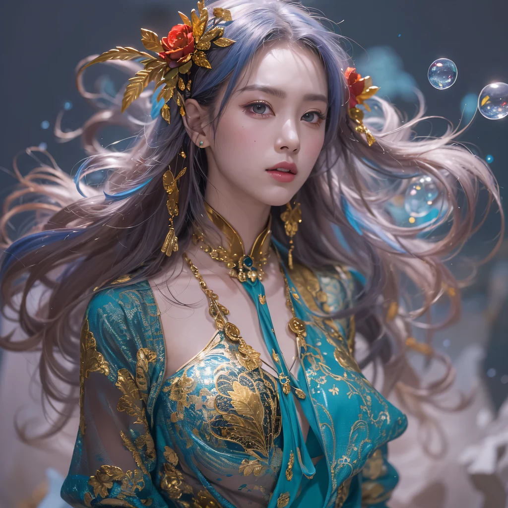 黄 blue colors,enamel,agate,A flesh-colored world,Blood Blue Maiden 32k(masterpiece,HD,Aoyama Pond,Ultra high quality,32k)long flowing bright blue hair,blood pool,Ziddink, a color,Grumpy (After greeting), (Linen scarf), fighting stance, looking at the ground, long white hair, Floating bright blue, Fire cloud gold headdress, Chinese long-sleeved gold silk burgundy garment, (Abstract metaverse splash:1.2), White background,Peony flower vitality protector(realistically:1.4),bright purple hair,Smoke on the road,The background is very pure, high resolution, detail, RAW photos, Sharp Re, Nikon D850 film photo by Jefferies Lee 4 Kodak Portra 400 camera F1.6 guns, colorful, Ultra-realistic and vivid textures, dramatic lighting, Unreal Engine Art Station Trend, Sinest 800,一个有着long flowing bright blue hair的女孩,huge colorful bubbles