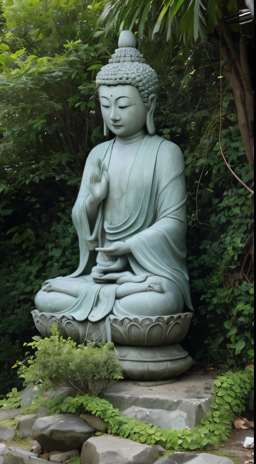 In the mountains,Stone Buddha statue obscured by vegetation,One with nature,illumination。Devout worshippers, boy save snake from fire