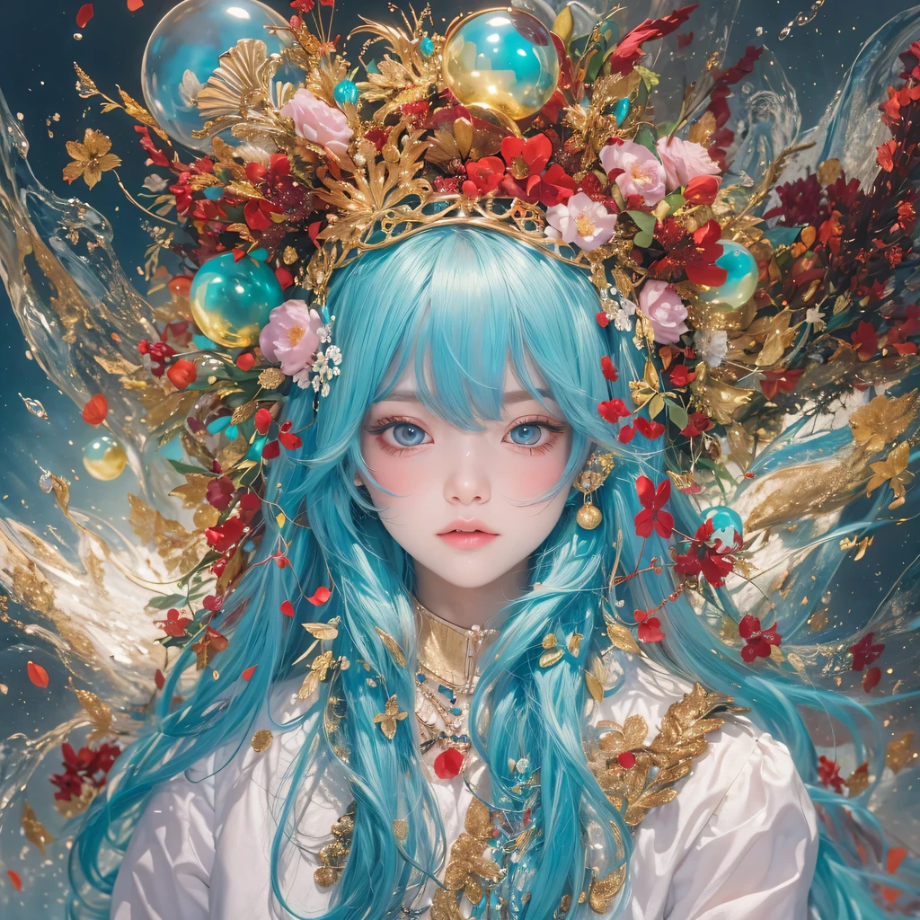 黄 blue colors,enamel,agate,A flesh-colored world,Blood Blue Maiden 32k(masterpiece,HD,Aoyama Pond,Ultra high quality,32k)long flowing bright blue hair,blood pool,Ziddink, a color,Grumpy (After greeting), (Linen scarf), fighting stance, looking at the ground, long white hair, Floating bright blue, Fire cloud gold headdress, Chinese long-sleeved gold silk burgundy garment, (Abstract metaverse splash:1.2), White background,Peony flower vitality protector(realistically:1.4),bright purple hair,Smoke on the road,The background is very pure, high resolution, detail, RAW photos, Sharp Re, Nikon D850 film photo by Jefferies Lee 4 Kodak Portra 400 camera F1.6 guns, colorful, Ultra-realistic and vivid textures, dramatic lighting, Unreal Engine Art Station Trend, Sinest 800,一个有着long flowing bright blue hair的女孩,huge colorful bubbles