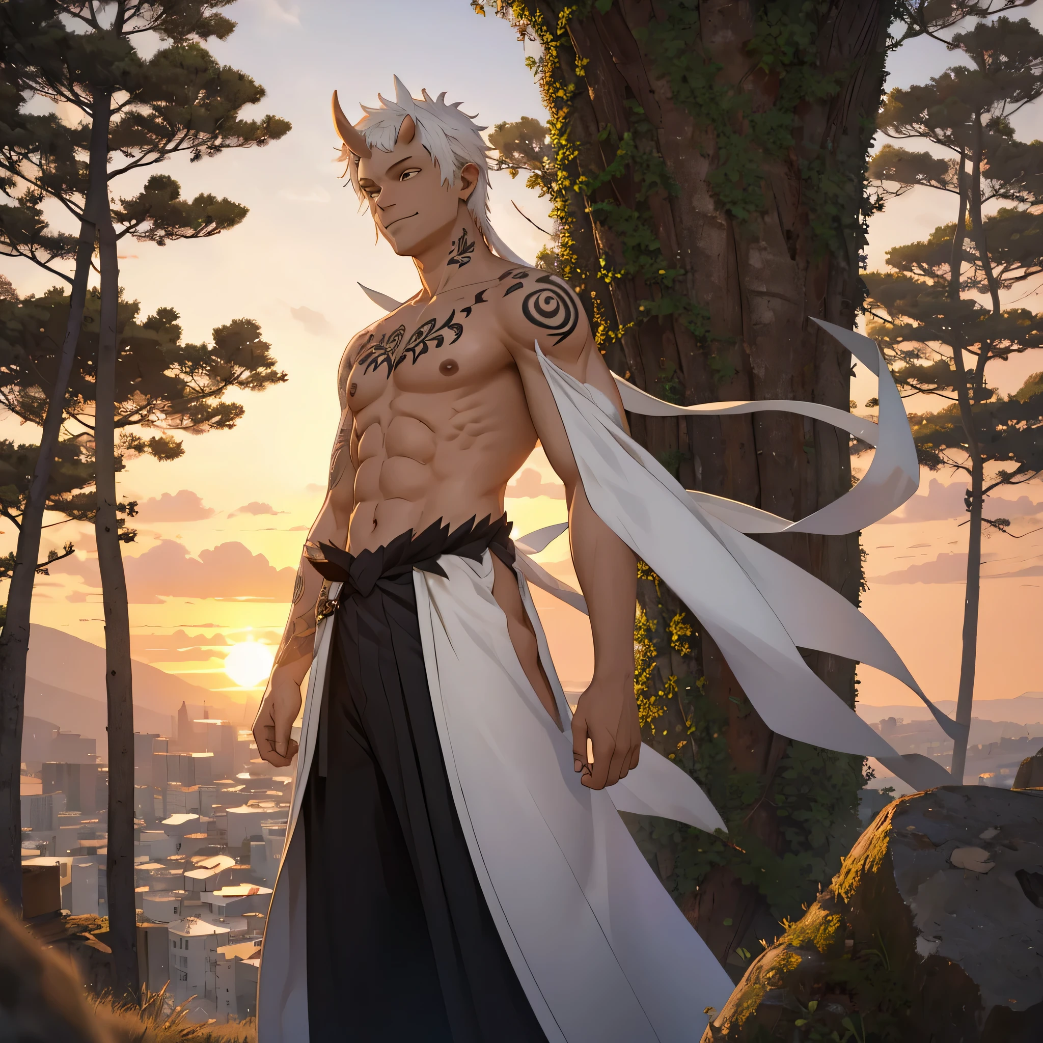 35-year-old male, dark-skinned, tattoos, white hair, horns, leaning against a tree, watching the sunset, smile, faint smile, wind blowing, leaning on tree, looking away from viewer