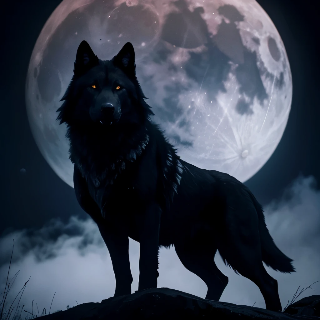 Black wolves and white wolves, red eyes, night, moon out, fog in the sky.