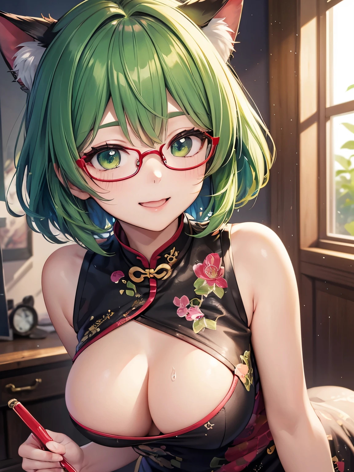 highest quality,wonderful,masterpiece,delicate,ultra high resolution,Super detailed,intricate details,beautiful,8K resolution,(Highly detailed CG Unity 8k wallpaper),sharp focus、big breasts、green hair、short hair、vivid hair、、Shaggy hair、Cat ear、My skin is shining、Vibrant skin、、、short、kawaii、beautiful瞳、My eyes are sparkling、white green cheongsam、shiny cheongsam、fluttering furisode、red glasses、smile、outside、Clear skies、field、the sun shines、anime