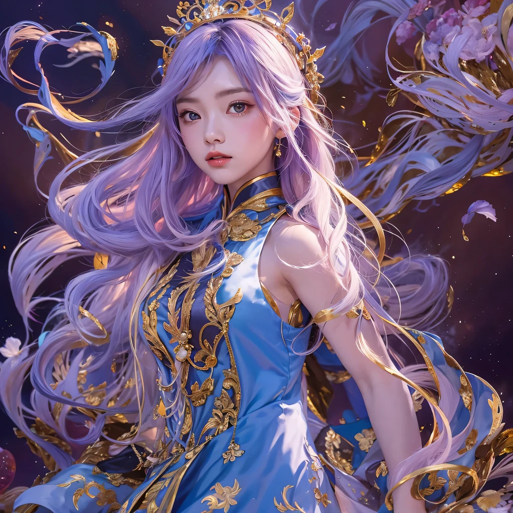 黄 blue colors,enamel,agate,A flesh-colored world,Blood Blue Maiden 32k(masterpiece,HD,Aoyama Pond,Ultra high quality,32k)long flowing bright blue hair,blood pool,Ziddink, a color,Grumpy (After greeting), (Linen scarf), fighting stance, looking at the ground, long white hair, Floating bright blue, Fire cloud gold headdress, Chinese long-sleeved gold silk burgundy garment, (Abstract metaverse splash:1.2), White background,Peony flower vitality protector(realistically:1.4),bright purple hair,Smoke on the road,The background is very pure, high resolution, detail, RAW photos, Sharp Re, Nikon D850 film photo by Jefferies Lee 4 Kodak Portra 400 camera F1.6 guns, colorful, Ultra-realistic and vivid textures, dramatic lighting, Unreal Engine Art Station Trend, Sinest 800,一个有着long flowing bright blue hair的女孩,huge colorful bubbles