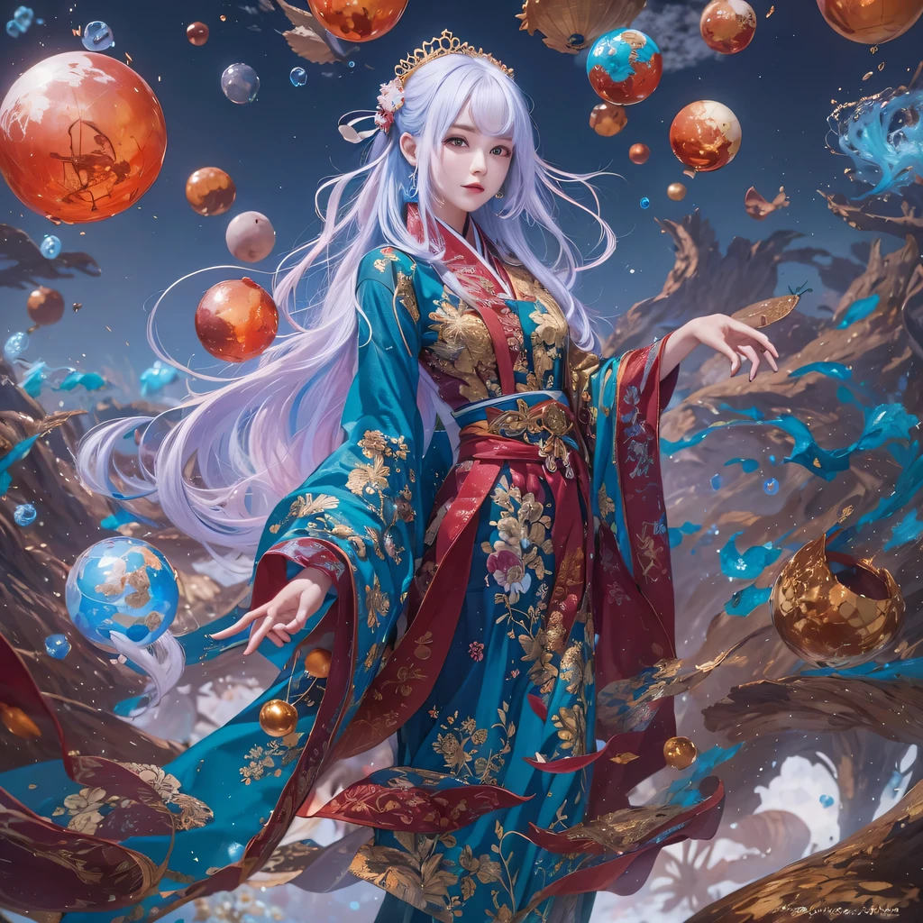 黄 blue colors,enamel,agate,A flesh-colored world,Blood Blue Maiden 32k(masterpiece,HD,Aoyama Pond,Ultra high quality,32k)long flowing bright blue hair,blood pool,Ziddink, a color,Grumpy (After greeting), (Linen scarf), fighting stance, looking at the ground, long white hair, Floating bright blue, Fire cloud gold headdress, Chinese long-sleeved gold silk burgundy garment, (Abstract metaverse splash:1.2), White background,Peony flower vitality protector(realistically:1.4),bright purple hair,Smoke on the road,The background is very pure, high resolution, detail, RAW photos, Sharp Re, Nikon D850 film photo by Jefferies Lee 4 Kodak Portra 400 camera F1.6 guns, colorful, Ultra-realistic and vivid textures, dramatic lighting, Unreal Engine Art Station Trend, Sinest 800,一个有着long flowing bright blue hair的女孩,huge colorful bubbles