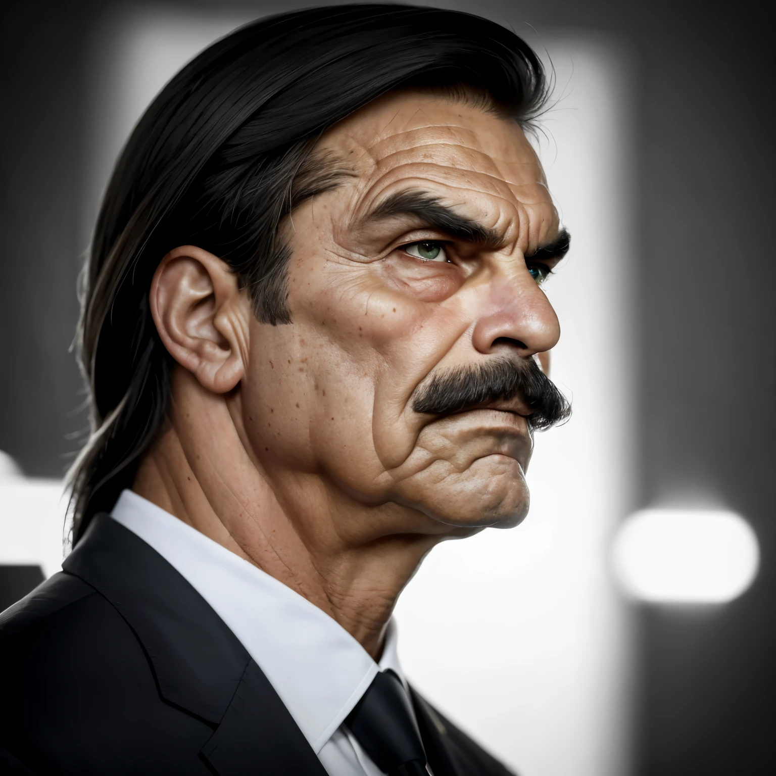A bold and magnetic close-up portrait of Jair Bolsonaro, the charismatic Brazilian political figure, a 63-year-old man, with deep-set intense eyes, framed by thick bushy brows and a prominent mustache, a stern expression, and a military posture. The background is plain, blurred to keep all focus on Bolsonaro, with the Brazilian flag subtly peeking in the corners, symbolizing his strong nationalist stance. The high contrast lighting illuminates his rugged features and sculpted jawline, capturing an aura of determination and resilience. The image exudes a sense of raw power and authenticity, inspired by the hyperrealistic