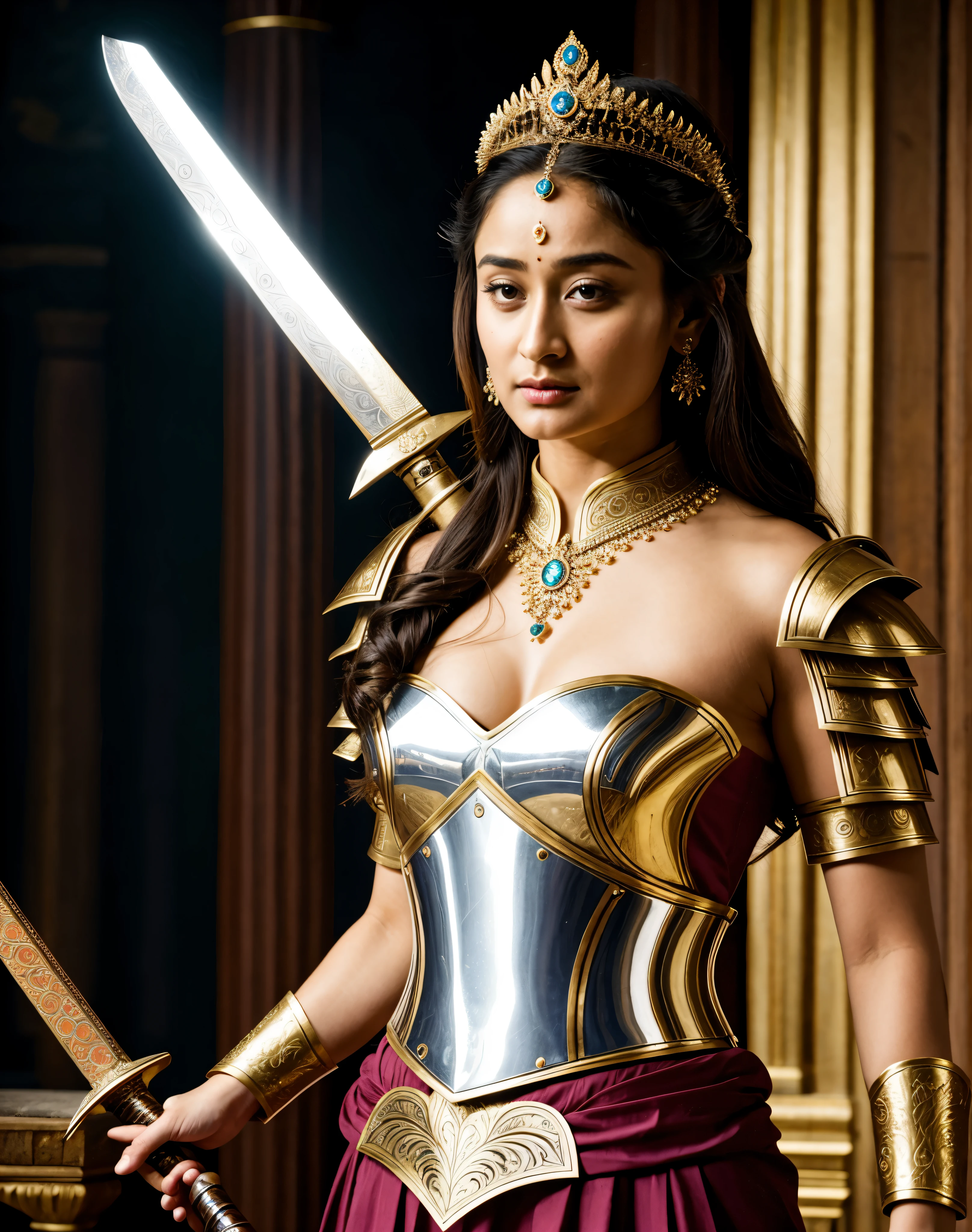 Looks Like Actress Tridha Chaudhary , "Design an illustration of a stunning and powerful warrior queen with a regal presence. She should possess a combination of strength and grace. Imagine her in ornate, yet practical armor that complements her figure. The armor should be adorned with intricate details and symbols representing her royal lineage and warrior prowess. Her weapon of choice could be a unique and elegant sword or a mythical weapon that reflects her status as a formidable leader.
Her facial features should exude confidence and determination, with piercing eyes that convey both fierceness and wisdom. The queen's hair, whether long or short, should flow dynamically, hinting at her movement in battle. Consider incorporating elements that emphasize her connection to nature or a mythical realm, such as ethereal backgrounds, symbolic animals, or mystical symbols.
Pay attention to the color palette; use rich, bold colors that enhance her royal aura. Experiment with lighting to highlight specific details and create a sense of drama. Ensure that her posture and expression capture the essence of a queen who commands respect and admiration. Feel free to draw inspiration from historical warrior queens or fictional characters, blending elements to create a unique and captivating image."