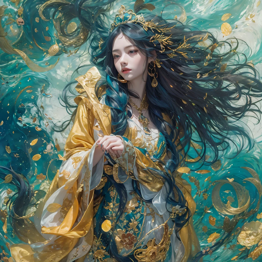 Glossy black and yellow-blue，enamel，agate，A flesh-colored world，Blood Blue Maiden 32k（masterpiece，HD，Aoyama Pond，Ultra high quality，32k）long flowing bright blue hair，blood pool，Ziddink， a color，Grumpy （After greeting）， （Linen scarf）， fighting stance， looking at the ground， long white hair， Floating bright blue， Fire cloud gold headdress， Chinese long-sleeved gold silk burgundy garment， （Abstract metaverse splash：1.2）， White background，Peony flower vitality protector（realistically：1.4），bright purple hair，Smoke on the road，The background is very pure， high resolution， detail， RAW photos， Sharp Re， Nikon D850 film photo by Jefferies Lee 4 Kodak Portra 400 camera F1.6 guns, colorful, Ultra-realistic and vivid textures, dramatic lighting, Unreal Engine Art Station Trend, Sinest 800，一个有着long flowing bright blue hair的女孩，huge colorful bubbles