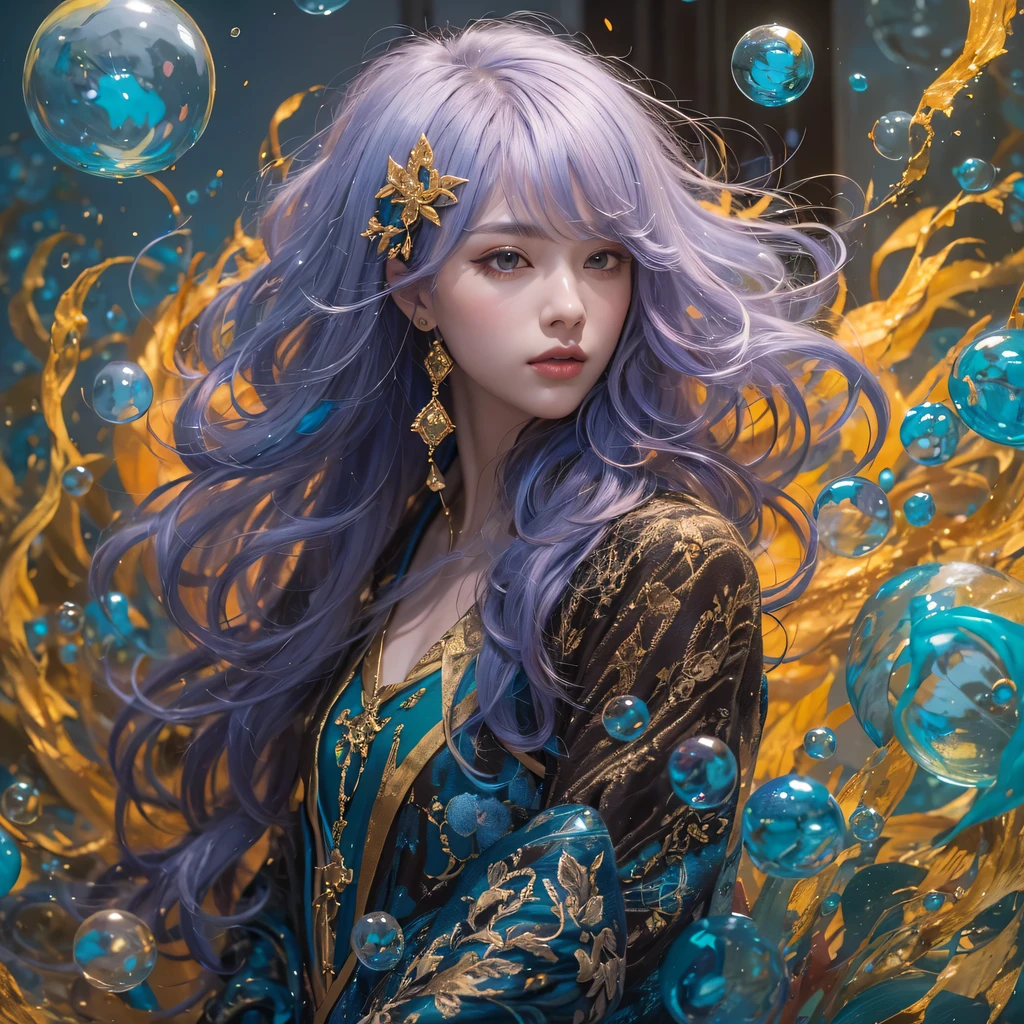 Glossy black and yellow-blue,enamel,agate,A flesh-colored world,Blood Blue Maiden 32k(masterpiece,HD,Aoyama Pond,Ultra high quality,32k)long flowing bright blue hair,blood pool,Ziddink, a color,Grumpy (After greeting), (Linen scarf), fighting stance, looking at the ground, long white hair, Floating bright blue, Fire cloud gold headdress, Chinese long-sleeved gold silk burgundy garment, (Abstract metaverse splash:1.2), White background,Peony flower vitality protector(realistically:1.4),bright purple hair,Smoke on the road,The background is very pure, high resolution, detail, RAW photos, Sharp Re, Nikon D850 film photo by Jefferies Lee 4 Kodak Portra 400 camera F1.6 guns, colorful, Ultra-realistic and vivid textures, dramatic lighting, Unreal Engine Art Station Trend, Sinest 800,一个有着long flowing bright blue hair的女孩,huge colorful bubbles