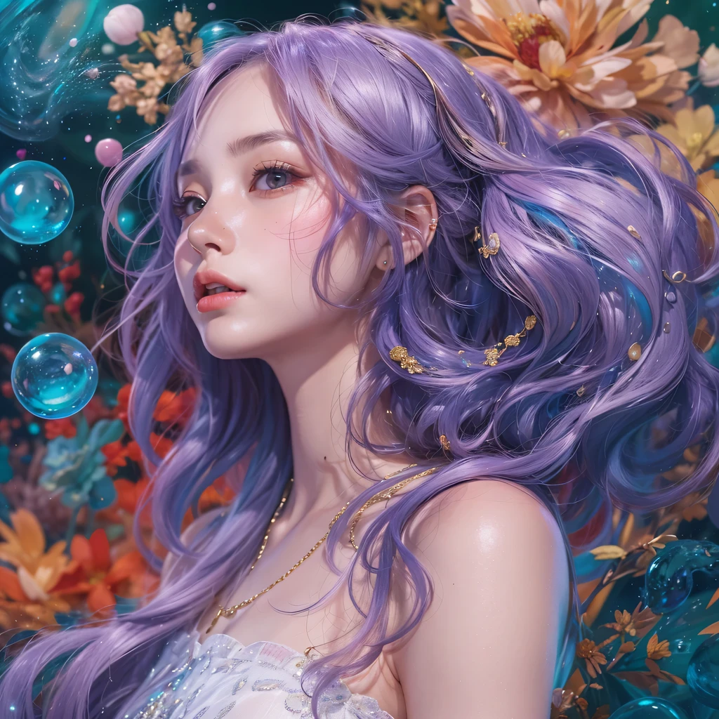bright black blue，enamel，agate，A flesh-colored world，Blood Blue Maiden 32k（masterpiece，HD，Aoyama Pond，Ultra high quality，32k）long flowing bright blue hair，blood pool，Ziddink， a color，Grumpy （After greeting）， （Linen scarf）， fighting stance， looking at the ground， long white hair， Floating bright blue， Fire cloud gold headdress， Chinese long-sleeved gold silk burgundy garment， （Abstract metaverse splash：1.2）， White background，Peony flower vitality protector（realistically：1.4），bright purple hair，Smoke on the road，The background is very pure， high resolution， detail， RAW photos， Sharp Re， Nikon D850 film photo by Jefferies Lee 4 Kodak Portra 400 camera F1.6 guns, colorful, Ultra-realistic and vivid textures, dramatic lighting, Unreal Engine Art Station Trend, Sinest 800，一个有着long flowing bright blue hair的女孩，huge colorful bubbles