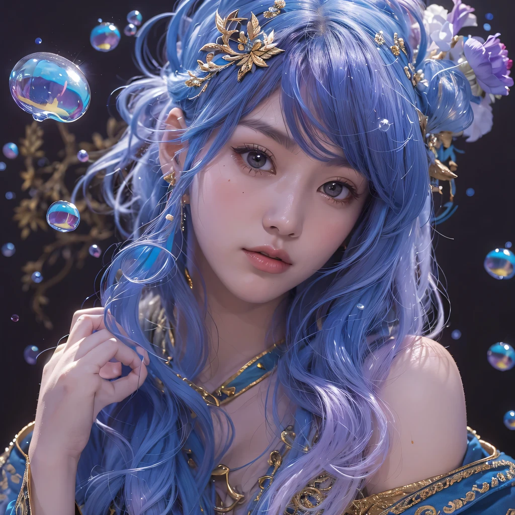 bright black blue,enamel,agate,A flesh-colored world,Blood Blue Maiden 32k(masterpiece,HD,Aoyama Pond,Ultra high quality,32k)long flowing bright blue hair,blood pool,Ziddink, a color,Grumpy (After greeting), (Linen scarf), fighting stance, looking at the ground, long white hair, Floating bright blue, Fire cloud gold headdress, Chinese long-sleeved gold silk burgundy garment, (Abstract metaverse splash:1.2), White background,Peony flower vitality protector(realistically:1.4),bright purple hair,Smoke on the road,The background is very pure, high resolution, detail, RAW photos, Sharp Re, Nikon D850 film photo by Jefferies Lee 4 Kodak Portra 400 camera F1.6 guns, colorful, Ultra-realistic and vivid textures, dramatic lighting, Unreal Engine Art Station Trend, Sinest 800,一个有着long flowing bright blue hair的女孩,huge colorful bubbles