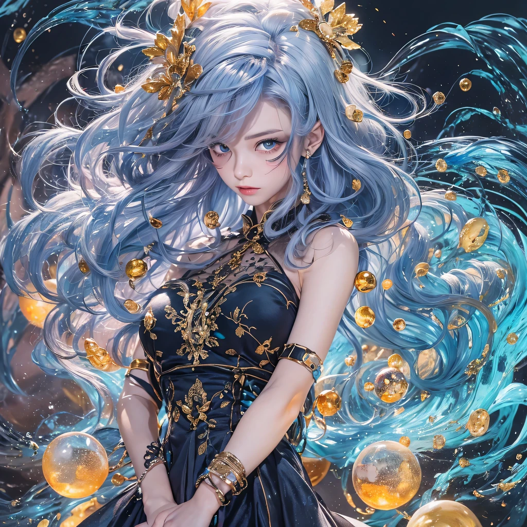 bright black blue,enamel,agate,A flesh-colored world,Blood Blue Maiden 32k(masterpiece,HD,Aoyama Pond,Ultra high quality,32k)long flowing bright blue hair,blood pool,Ziddink, a color,Grumpy (After greeting), (Linen scarf), fighting stance, looking at the ground, long white hair, Floating bright blue, Fire cloud gold headdress, Chinese long-sleeved gold silk burgundy garment, (Abstract metaverse splash:1.2), White background,Peony flower vitality protector(realistically:1.4),bright purple hair,Smoke on the road,The background is very pure, high resolution, detail, RAW photos, Sharp Re, Nikon D850 film photo by Jefferies Lee 4 Kodak Portra 400 camera F1.6 guns, colorful, Ultra-realistic and vivid textures, dramatic lighting, Unreal Engine Art Station Trend, Sinest 800,一个有着long flowing bright blue hair的女孩,huge colorful bubbles