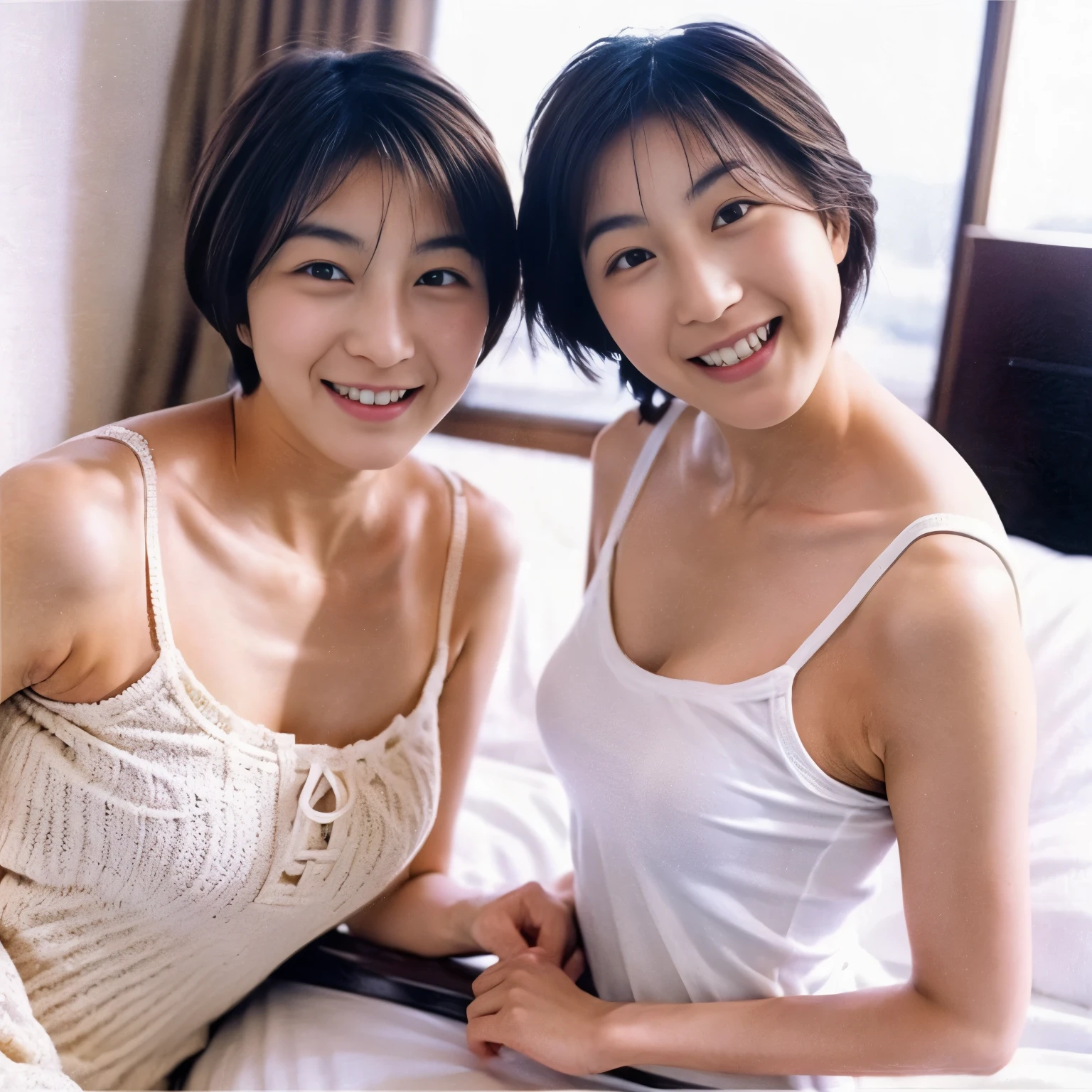 2 people、Identical twin sisters are having fun on a hotel bed, Japanese, 16 years old, realistic, beautiful and detailed face、white underwear, (short hair), smile, 