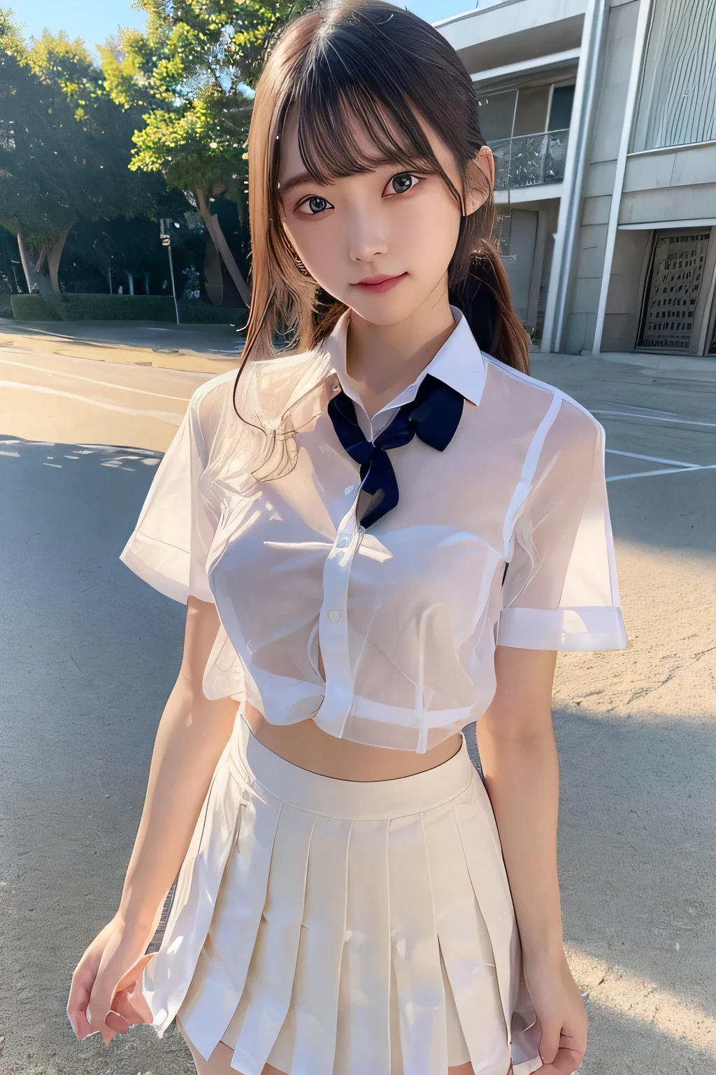 pieces fly、masterpiece、highest quality、Super detailed、High resolution、High resolution、8K portrait、Unity 8k壁紙のHigh resolutionCG、unity 8k wallpaper、cute:1.5、:1.5、Highly detailed CG unity 8k wallpaper、realistic、real person、 portrait photography、shiny skin、High resolution、(25 years old:1.2)、(1 girl)、beautiful clear eyes、very detailed explanation、delicate face、nice lips、slender body、thin waist、thin legs、(small breasts:1.4)、(smile:1.2)、(school uniform:1.4)、(beach:1.2)、(pleated skirt:1.2)、(take a pose:1.2)、(collared shirt:1.4)、(Shirt soaked:1.4)、(Bra is sheer:1.4)