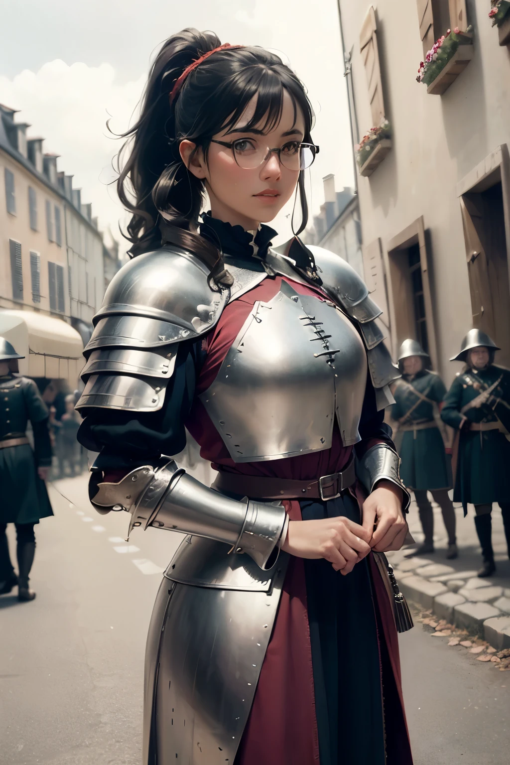 ((wide angle shot of the Hundred Years' War in France)), a beautiful woman, black hair in a ponytail, bangs, wearing glasses, wearing Jeanne d'Arc armor