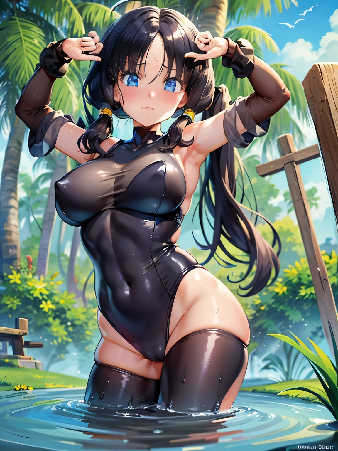 masterpiece, highest quality, High resolution, girl,saw 2, blue eyes, black hair, Low twintails and short cut, medium breasts, frown,blush, Sweat,girl1名, black tight suit, streak,raise your arms high,suspended in the air,hanging,looking at the viewer。Bottomless swamp,the sky is cloudy,The water surface is black and murky,