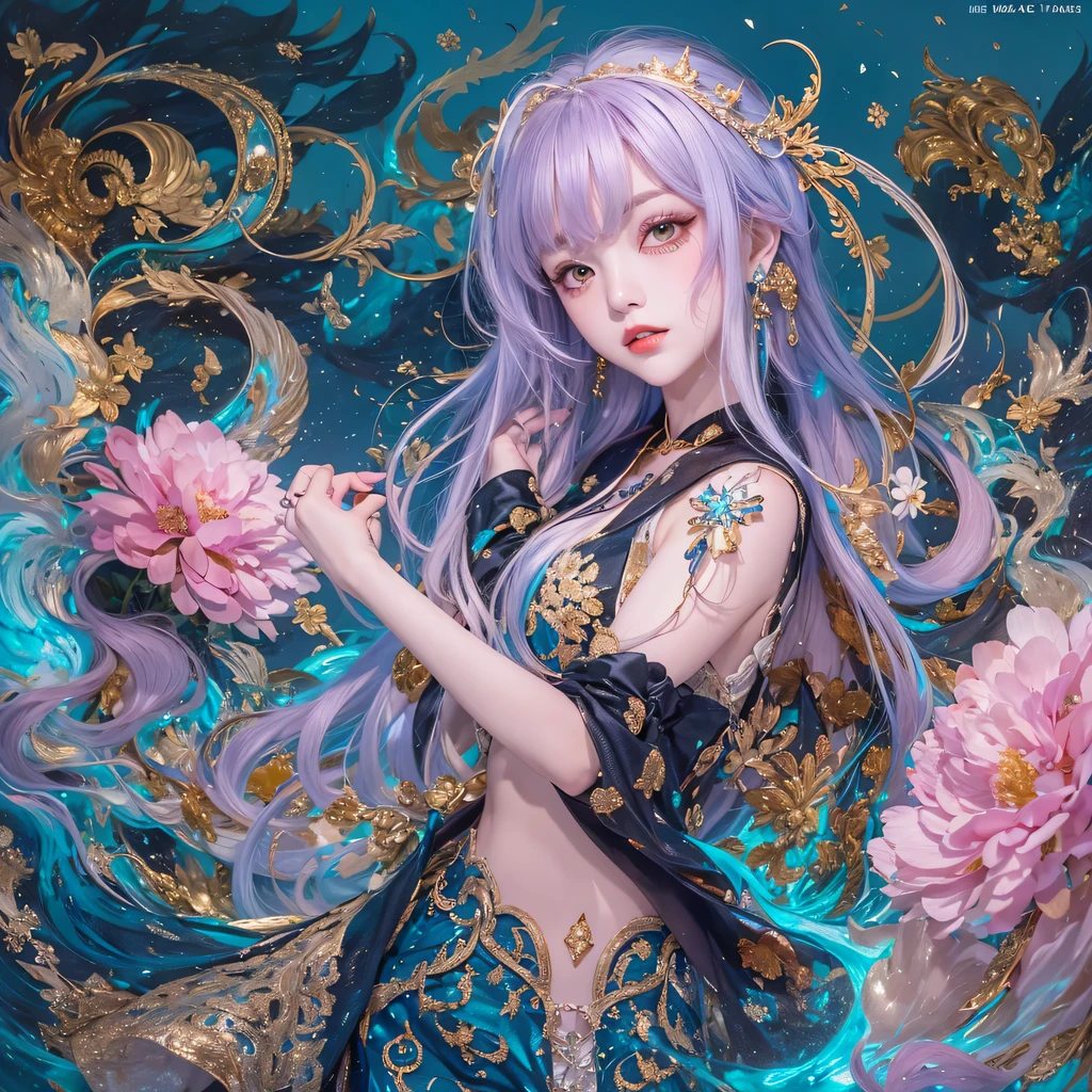 bright black blue，enamel，agate，A flesh-colored world，Blood Blue Maiden 32k（masterpiece，HD，Aoyama Pond，Ultra high quality，32k）long flowing bright blue hair，blood pool，Ziddink， a color，Grumpy （After greeting）， （Linen scarf）， fighting stance， looking at the ground， long white hair， Floating bright blue， Fire cloud gold headdress， Chinese long-sleeved gold silk burgundy garment， （Abstract metaverse splash：1.2）， White background，Peony flower vitality protector（realistically：1.4），bright purple hair，Smoke on the road，The background is very pure， high resolution， detail， RAW photos， Sharp Re， Nikon D850 film photo by Jefferies Lee 4 Kodak Portra 400 camera F1.6 guns, colorful, Ultra-realistic and vivid textures, dramatic lighting, Unreal Engine Art Station Trend, Sinest 800，一个有着long flowing bright blue hair的女孩，huge colorful bubbles