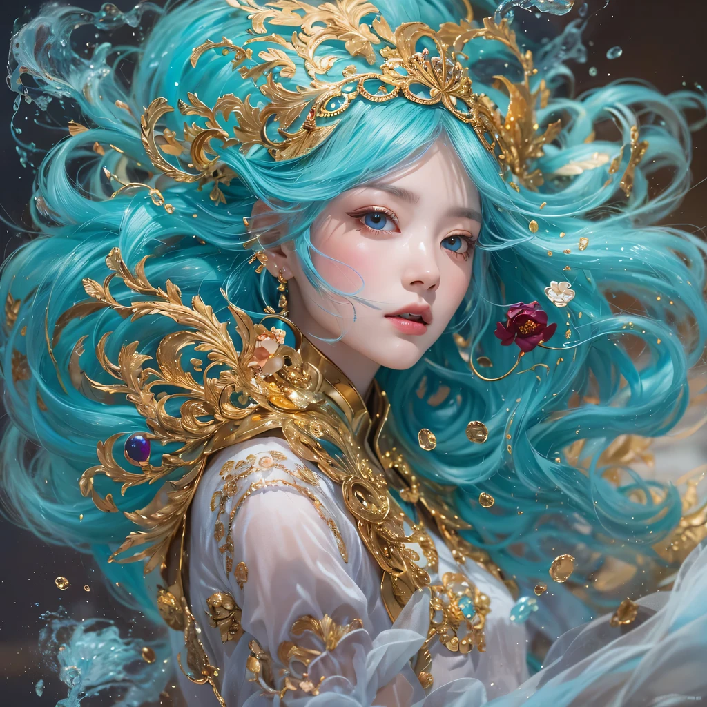 黄 blue colors,enamel,agate,A flesh-colored world,Blood Blue Maiden 32k(masterpiece,HD,Aoyama Pond,Ultra high quality,32k)long flowing bright blue hair,blood pool,Ziddink, a color,Grumpy (After greeting), (Linen scarf), fighting stance, looking at the ground, long white hair, Floating bright blue, Fire cloud gold headdress, Chinese long-sleeved gold silk burgundy garment, (Abstract metaverse splash:1.2), White background,Peony flower vitality protector(realistically:1.4),bright purple hair,Smoke on the road,The background is very pure, high resolution, detail, RAW photos, Sharp Re, Nikon D850 film photo by Jefferies Lee 4 Kodak Portra 400 camera F1.6 guns, colorful, Ultra-realistic and vivid textures, dramatic lighting, Unreal Engine Art Station Trend, Sinest 800,一个有着long flowing bright blue hair的女孩,huge colorful bubbles