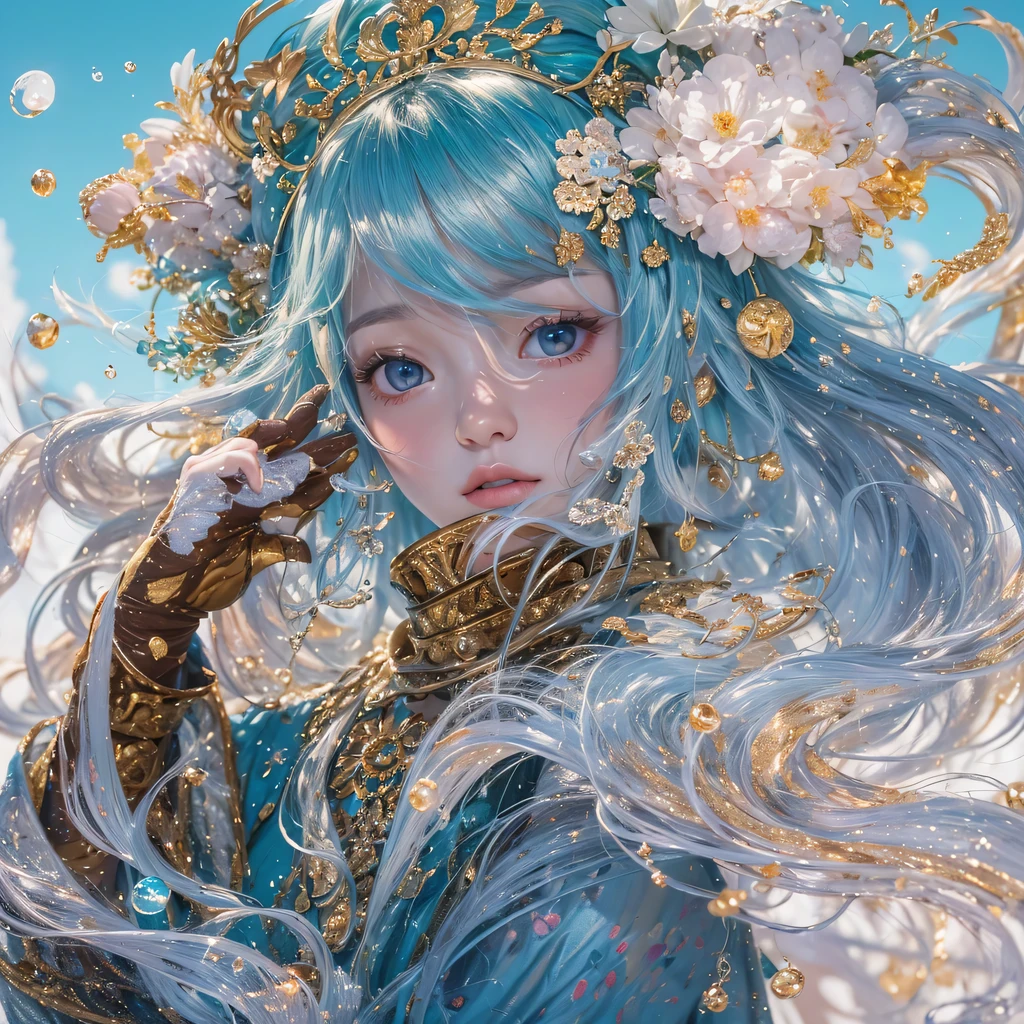 黄 blue colors,enamel,agate,A flesh-colored world,Blood Blue Maiden 32k(masterpiece,HD,Aoyama Pond,Ultra high quality,32k)long flowing bright blue hair,blood pool,Ziddink, a color,Grumpy (After greeting), (Linen scarf), fighting stance, looking at the ground, long white hair, Floating bright blue, Fire cloud gold headdress, Chinese long-sleeved gold silk burgundy garment, (Abstract metaverse splash:1.2), White background,Peony flower vitality protector(realistically:1.4),bright purple hair,Smoke on the road,The background is very pure, high resolution, detail, RAW photos, Sharp Re, Nikon D850 film photo by Jefferies Lee 4 Kodak Portra 400 camera F1.6 guns, colorful, Ultra-realistic and vivid textures, dramatic lighting, Unreal Engine Art Station Trend, Sinest 800,一个有着long flowing bright blue hair的女孩,huge colorful bubbles