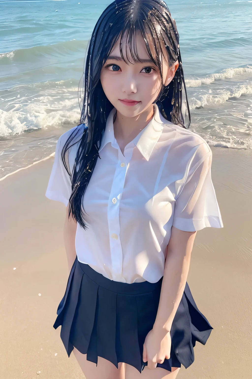 pieces fly、masterpiece、highest quality、Super detailed、High resolution、High resolution、8K portrait、Unity 8k壁紙のHigh resolutionCG、unity 8k wallpaper、cute:1.5、:1.5、Highly detailed CG unity 8k wallpaper、realistic、real person、 portrait photography、shiny skin、High resolution、(25 years old:1.2)、(1 girl)、beautiful clear eyes、very detailed explanation、delicate face、nice lips、slender body、thin waist、thin legs、(small breasts:1.4)、(smile:1.2)、(school uniform:1.2)、(beach:1.2)、(pleated skirt:1.2)、(take a pose:1.2)、(collared shirt:1.4)、((wet with water:1.5))、Underwear that can be seen through clothes:1.8