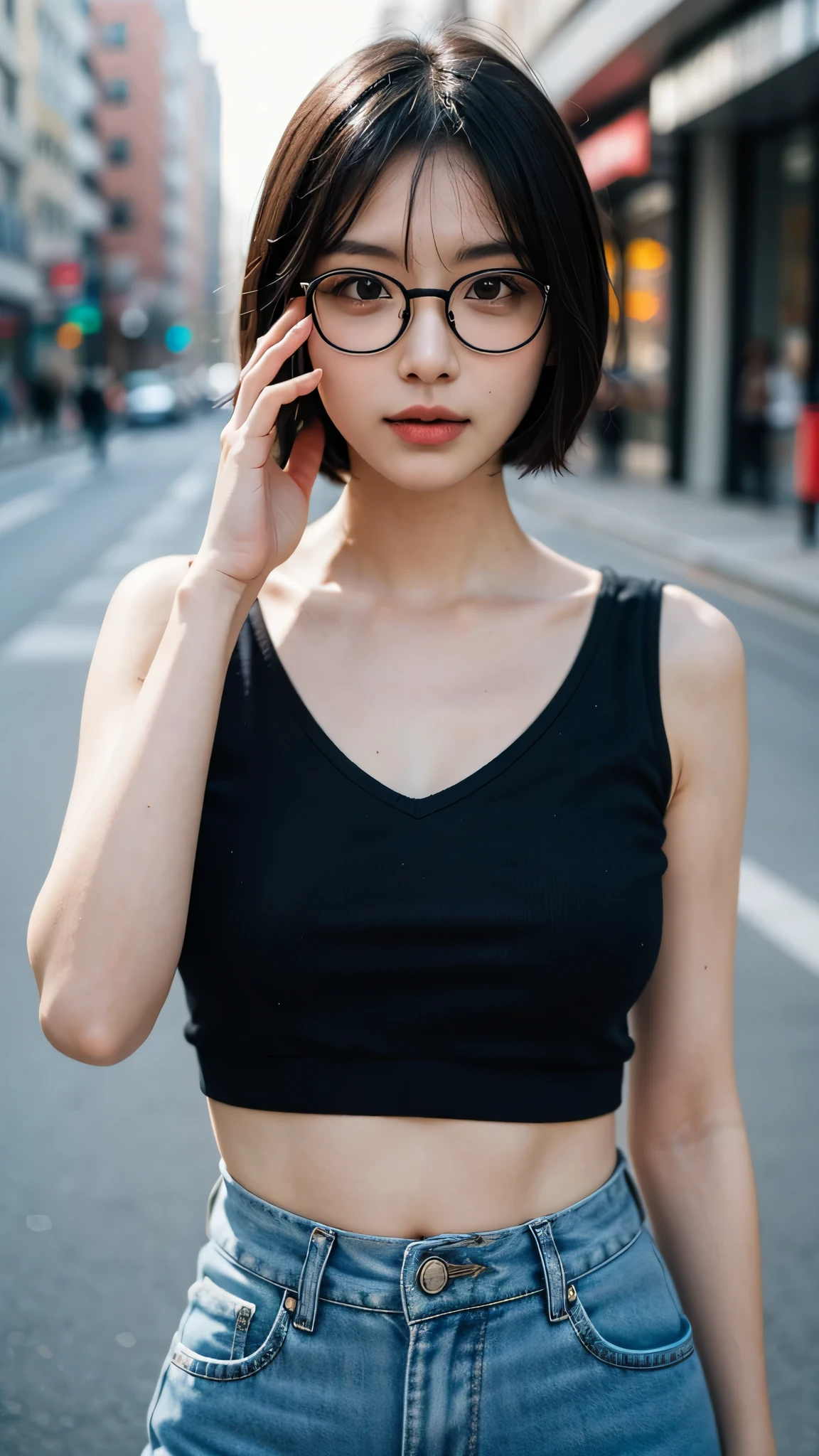 (RAW photo, 最high quality), (realistic, photo-realistic:1.3), very delicate and beautiful, wonderful, finely, masterpiece, Super detailed, High resolution, (best shadow),
sharp focus, volumetric fog, 8k UHD, Digital single-lens reflex camera, high quality, Fujifilm XT3,
a woman wearing Glasses and a blue top posing for 絵 in the street with her hand on her head, short hair, Glasses