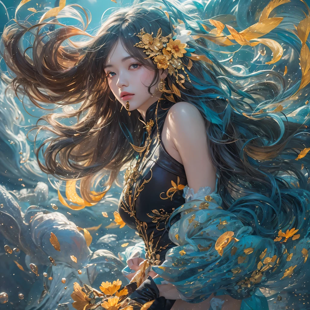 yellow bright black blue color,enamel,agate,A flesh-colored world,Blood Blue Maiden 32k(masterpiece,HD,Aoyama Pond,Ultra high quality,32k)long flowing bright blue hair,blood pool,Ziddink, a color,Grumpy (After greeting), (Linen scarf), fighting stance, looking at the ground, long white hair, Floating bright blue, Fire cloud gold headdress, Chinese long-sleeved gold silk burgundy garment, (Abstract metaverse splash:1.2), White background,Peony flower vitality protector(realistically:1.4),bright purple hair,Smoke on the road,The background is very pure, high resolution, detail, RAW photos, Sharp Re, Nikon D850 film photo by Jefferies Lee 4 Kodak Portra 400 camera F1.6 guns, colorful, Ultra-realistic and vivid textures, dramatic lighting, Unreal Engine Art Station Trend, Sinest 800,一个有着long flowing bright blue hair的女孩,huge colorful bubbles
