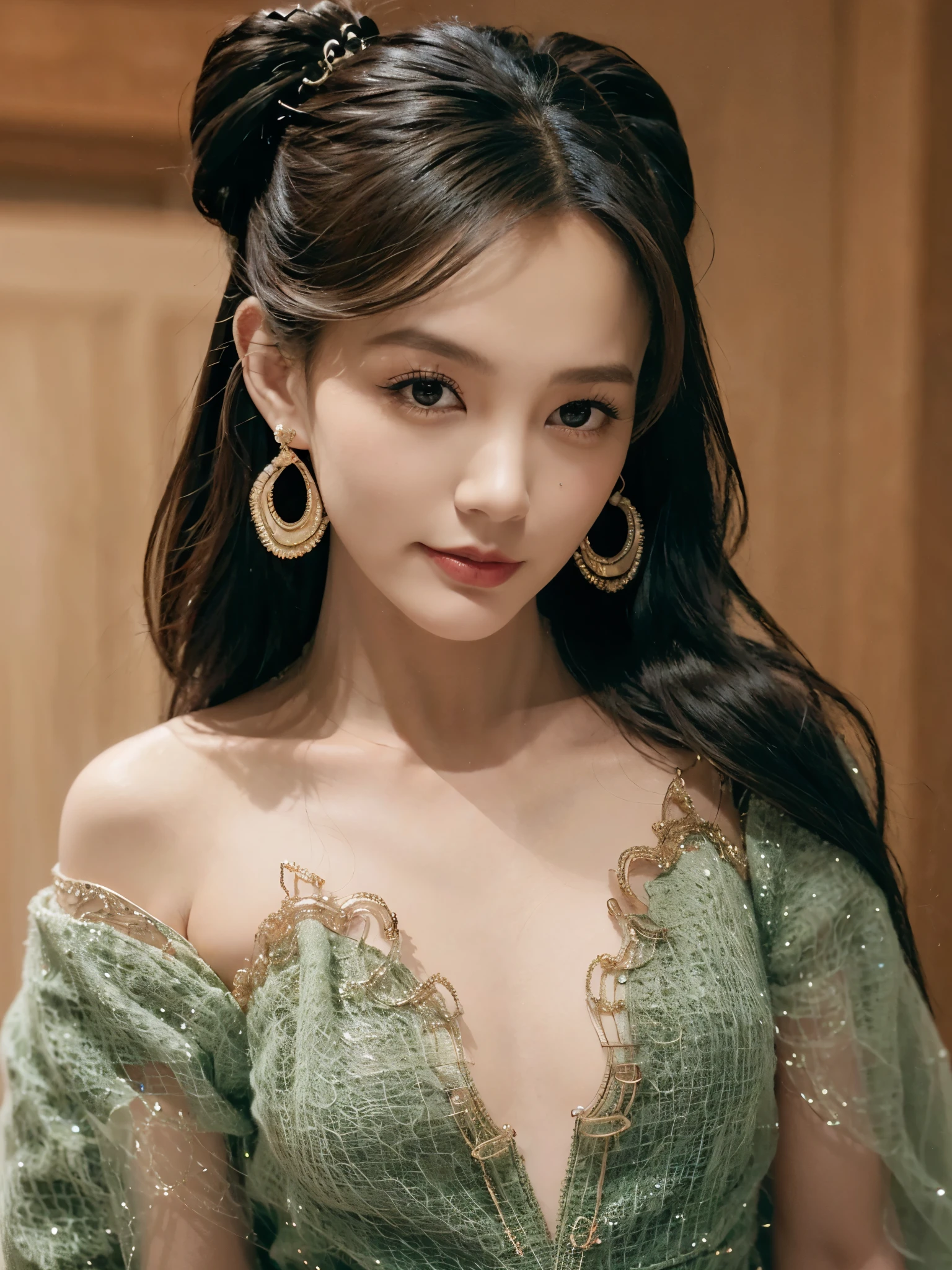 jewelry, alone, earrings, necklace, black hair, Smile, single bun, (dress:1.6), actual, bun, bracelet, Grinning, ulzzang-6500v1.1, (The original: 1.2), (actual: 1.3) , beautiful girl，with beautiful details, Extremely detailed eyes and face, There are beautiful details in the eyes, absurd, incredibly absurd, File size is huge, Ultra-detailed, high resolution, Ultra-detaileded, best quality, masterpiece, illustration, Ultra-detaileded and beautiful, Ultra-detaileded, CG, Unite, 8k wallpaper, Astonishing, Fine details, masterpiece, top quality, official art, extremely detailed CG Unite 8k wallpaper, light, (perfect glowing skin:0.6), Slim and smooth lines, (floating), (small breasts:1),  earrings,