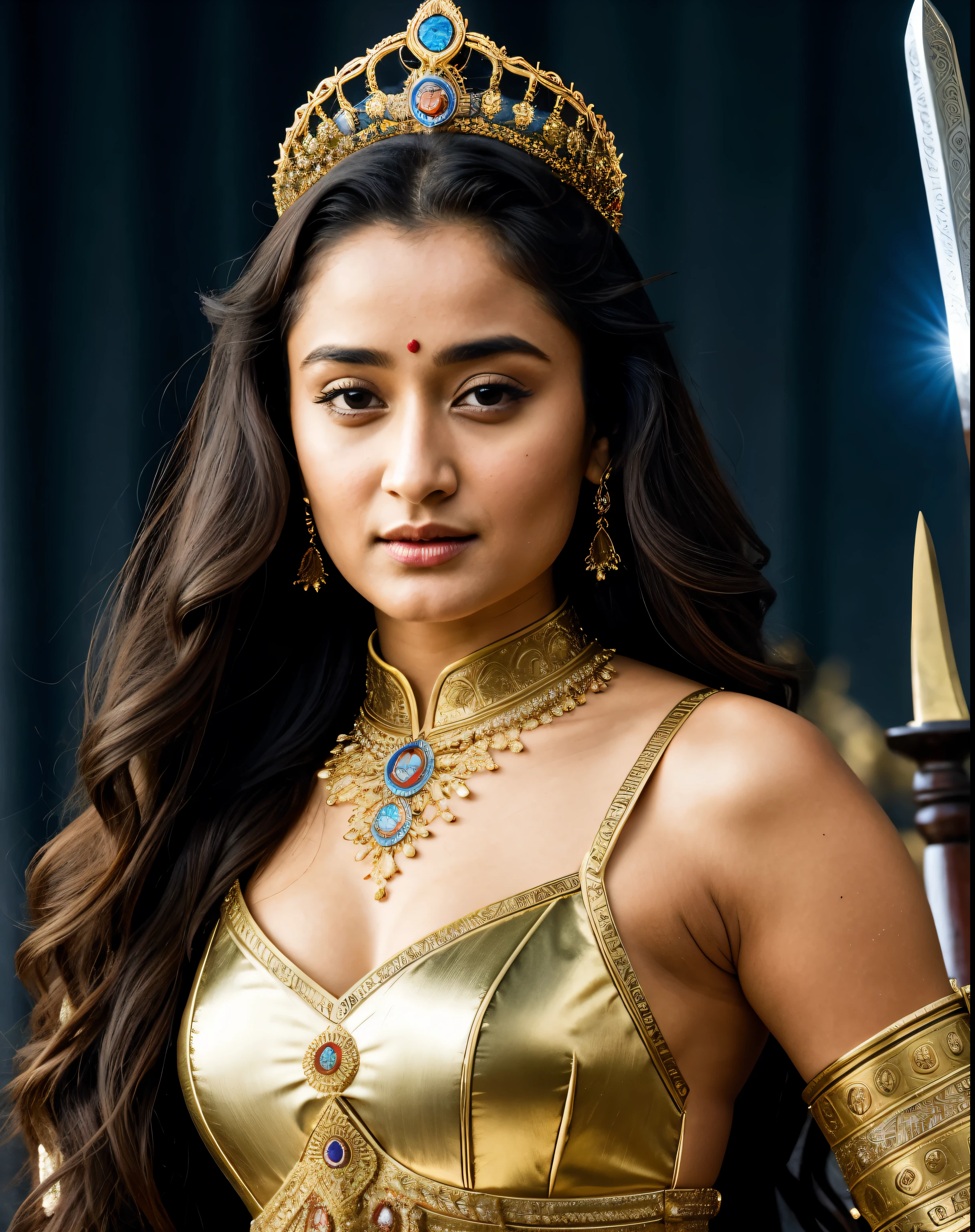 Looks Like Actress Tridha Chaudhary , "Design an illustration of a stunning and powerful warrior queen with a regal presence. Provocative figure, She should possess a combination of strength and grace. Imagine her in ornate, yet practical armor that complements her figure. The armor should be adorned with intricate details and symbols representing her royal lineage and warrior prowess. Her weapon of choice could be a unique and elegant sword or a mythical weapon that reflects her status as a formidable leader.
Her facial features should exude confidence and determination, with piercing eyes that convey both fierceness and wisdom. The queen's hair, whether long or short, should flow dynamically, hinting at her movement in battle. Consider incorporating elements that emphasize her connection to nature or a mythical realm, such as ethereal backgrounds, symbolic animals, or mystical symbols.
Pay attention to the color palette; use rich, bold colors that enhance her royal aura. Experiment with lighting to highlight specific details and create a sense of drama. Ensure that her posture and expression capture the essence of a queen who commands respect and admiration. Feel free to draw inspiration from historical warrior queens or fictional characters, blending elements to create a unique and captivating image.", intricate, flawless, skin texture, skin pores, hairy armpits,