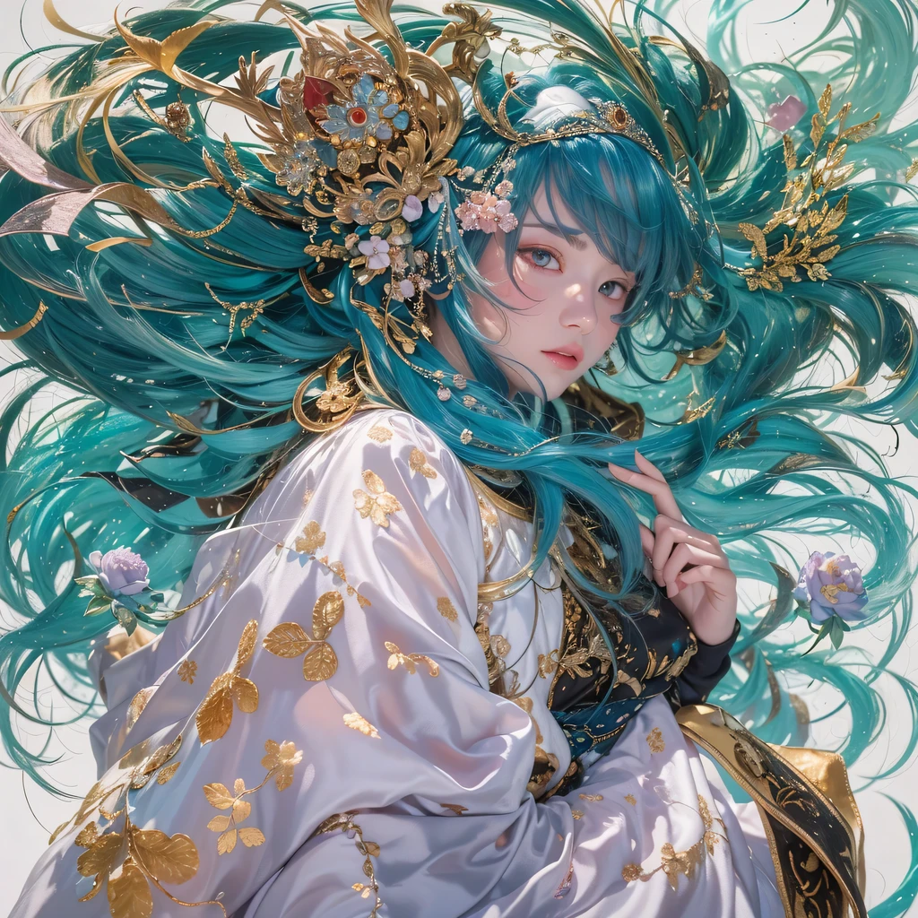 yellow bright black blue color,enamel,agate,A flesh-colored world,Blood Blue Maiden 32k(masterpiece,HD,Aoyama Pond,Ultra high quality,32k)long flowing bright blue hair,blood pool,Ziddink, a color,Grumpy (After greeting), (Linen scarf), fighting stance, looking at the ground, long white hair, Floating bright blue, Fire cloud gold headdress, Chinese long-sleeved gold silk burgundy garment, (Abstract metaverse splash:1.2), White background,Peony flower vitality protector(realistically:1.4),bright purple hair,Smoke on the road,The background is very pure, high resolution, detail, RAW photos, Sharp Re, Nikon D850 film photo by Jefferies Lee 4 Kodak Portra 400 camera F1.6 guns, colorful, Ultra-realistic and vivid textures, dramatic lighting, Unreal Engine Art Station Trend, Sinest 800,一个有着long flowing bright blue hair的女孩,huge colorful bubbles