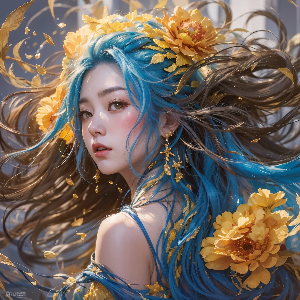 yellow bright black blue color,enamel,agate,A flesh-colored world,Blood Blue Maiden 32k(masterpiece,HD,Aoyama Pond,Ultra high quality,32k)long flowing bright blue hair,blood pool,Ziddink, a color,Grumpy (After greeting), (Linen scarf), fighting stance, looking at the ground, long white hair, Floating bright blue, Fire cloud gold headdress, Chinese long-sleeved gold silk burgundy garment, (Abstract metaverse splash:1.2), White background,Peony flower vitality protector(realistically:1.4),bright purple hair,Smoke on the road,The background is very pure, high resolution, detail, RAW photos, Sharp Re, Nikon D850 film photo by Jefferies Lee 4 Kodak Portra 400 camera F1.6 guns, colorful, Ultra-realistic and vivid textures, dramatic lighting, Unreal Engine Art Station Trend, Sinest 800,一个有着long flowing bright blue hair的女孩,huge colorful bubbles