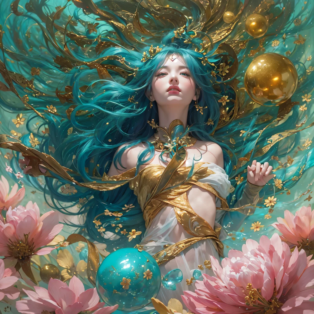 Uma imagem deslumbrante de Afrodite emergindo das ondas do mar, surrounded by shells and pearls. Its divine beauty is underscored by its serene and radiant expression. Flowers and petals float in the air around you, exalando um aroma doce e envolvente, while love and passion permeate the whole scene.