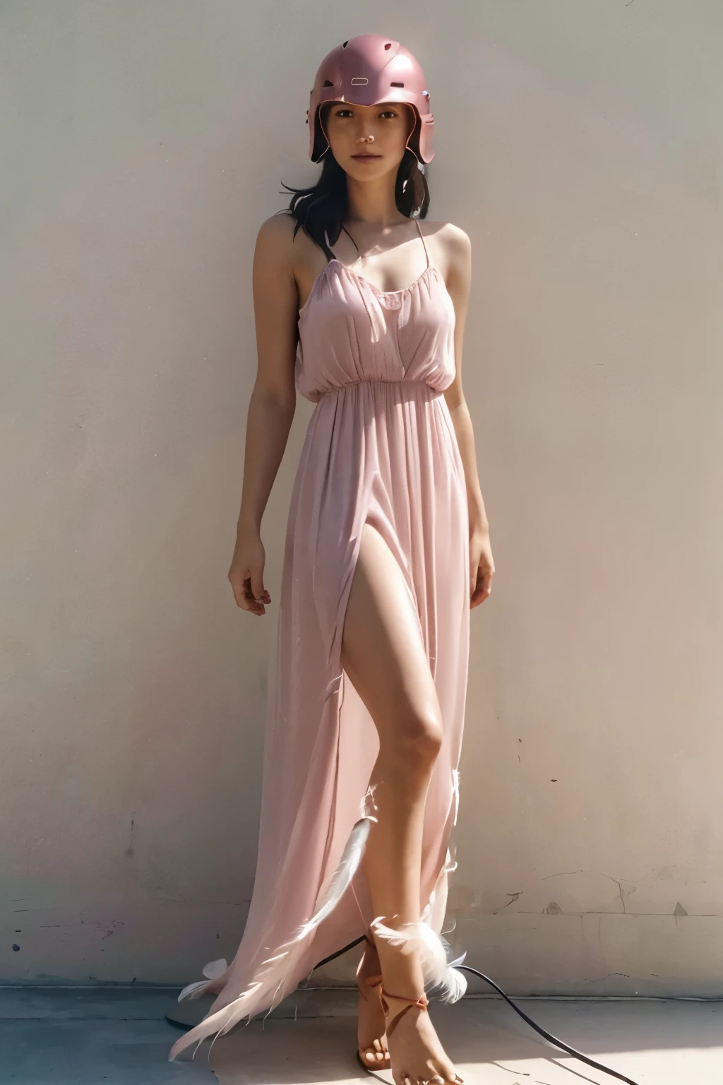 (pastel colour:1.2), (High-definition RAW photos), 1980s \(style\), ((led strip light)), (Buff and rose pink ambient:1.3) ((close:0.7)), (extremely fine skin, realistic, heavy shadow, dramatic and cinematic lighting, key light, fill light), sharp focus, film grain, grainy, cinematic, imperfect skin, material, texture, detailed face, fine skin, Warm color natural hand 2-3500, (pastel colour:1.1), (High-definition RAW photos), (extremely fine skin, realistic, heavy shadow, dramatic and cinematic lighting, key light, fill light), sharp focus, film grain, grainy, cinematic, imperfect skin, material, texture, detailed face, fine skin, finger details, Warm color natural hand 2-3500, (upper_body:1.2),(enchanting smile:1.1),(live freely_chiffon_maxi_dress:1.5),(feather_helmet:1.4),(barefoot_sandals:1.3),