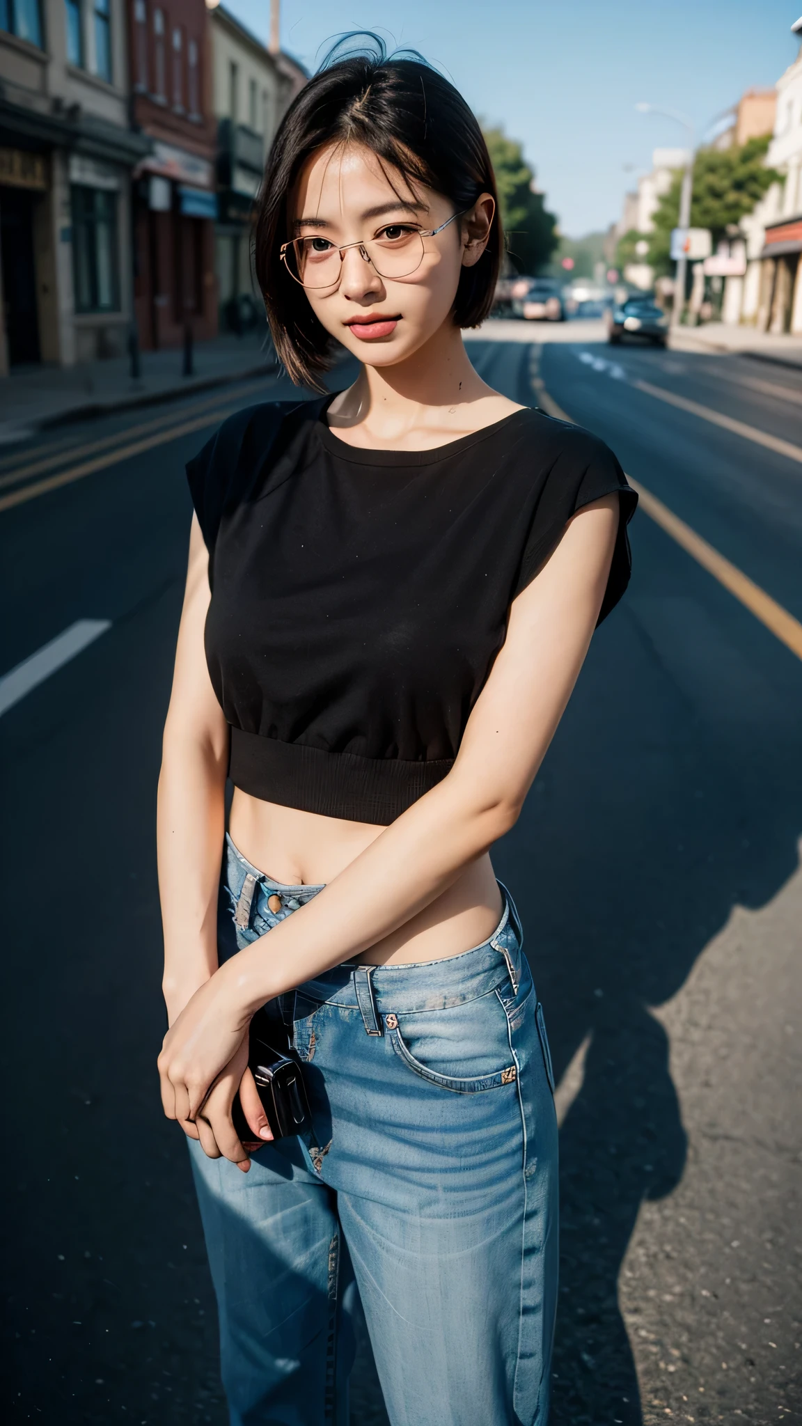 (RAW photo, 最high quality), (realistic, photo-realistic:1.3), very delicate and beautiful, wonderful, finely, masterpiece, Super detailed, High resolution, (best shadow),
sharp focus, volumetric fog, 8k UHD, Digital single-lens reflex camera, high quality, Fujifilm XT3,
a woman wearing Glasses and a blue top posing for 絵 in the street with her hand on her head, short hair, Glasses