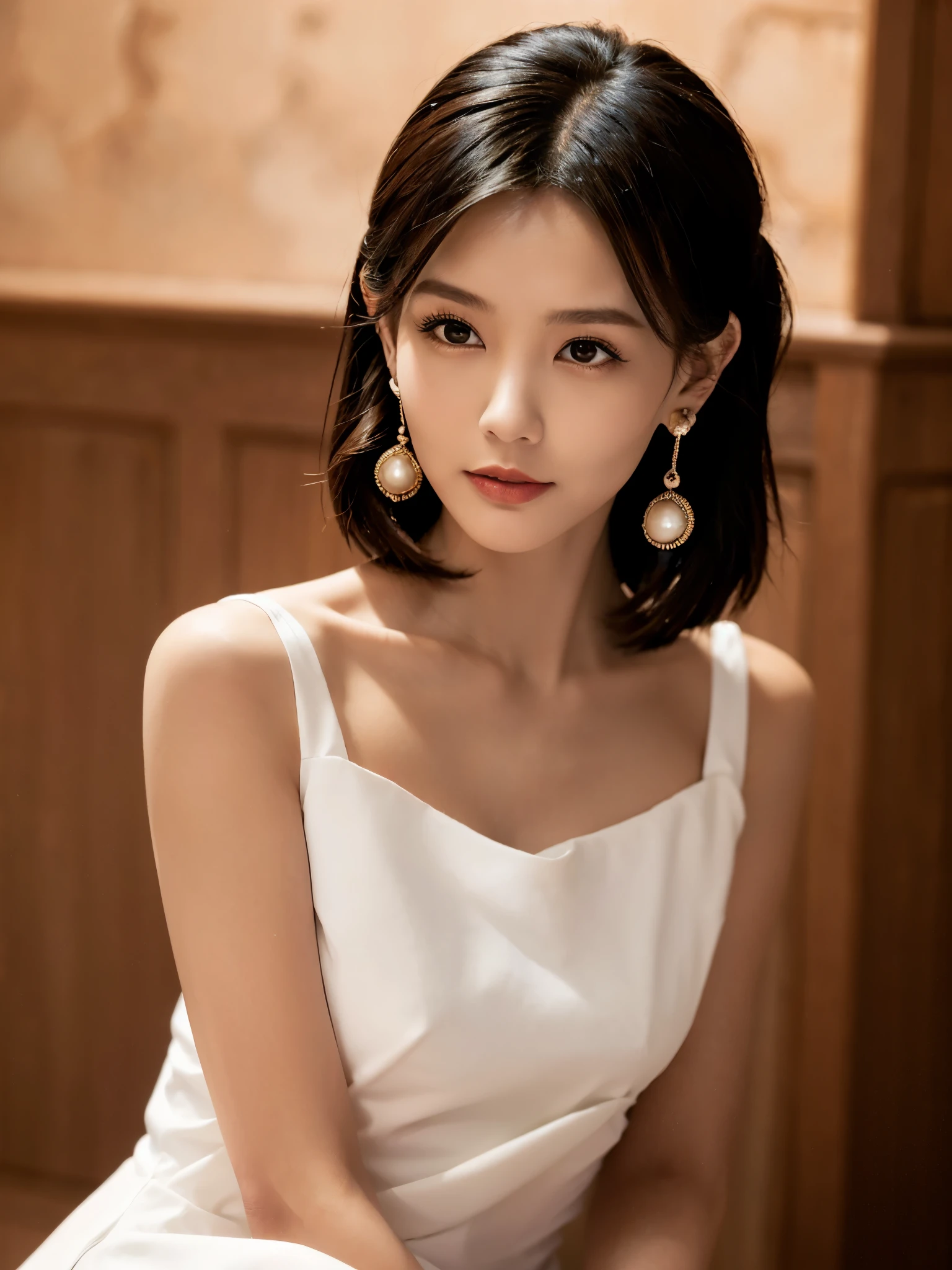 jewelry, alone, earrings, necklace, black hair, Smile, single bun, (dress:1.6), actual, bun, bracelet, Grinning, ulzzang-6500v1.1, (The original: 1.2), (actual: 1.3) , beautiful girl，with beautiful details, Extremely detailed eyes and face, There are beautiful details in the eyes, absurd, incredibly absurd, File size is huge, Ultra-detailed, high resolution, Ultra-detaileded, best quality, masterpiece, illustration, Ultra-detaileded and beautiful, Ultra-detaileded, CG, Unite, 8k wallpaper, Astonishing, Fine details, masterpiece, top quality, official art, extremely detailed CG Unite 8k wallpaper, light, (perfect glowing skin:0.6), Slim and smooth lines, (floating), (small breasts:1),  earrings,