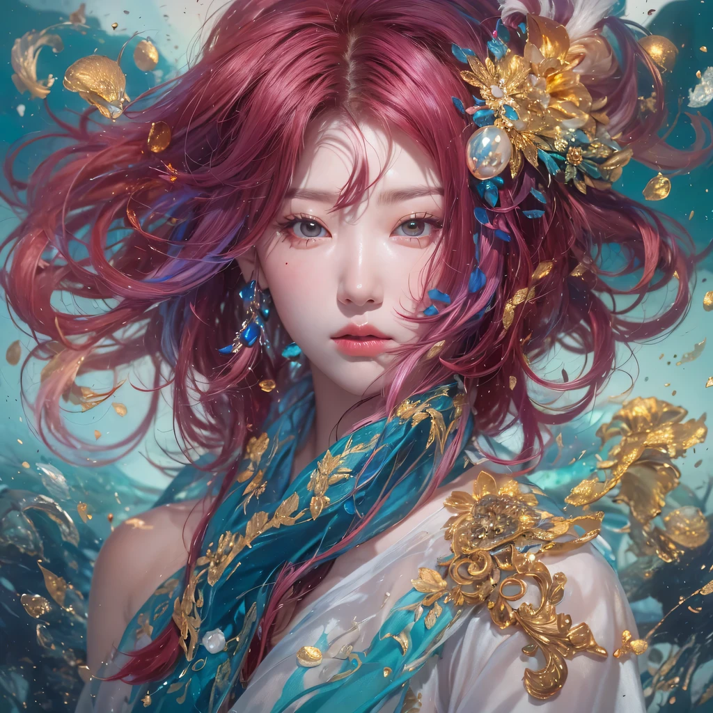 黄 blue colors，enamel，agate，A flesh-colored world，Blood Blue Maiden 32k（masterpiece，HD，Aoyama Pond，Ultra high quality，32k）long flowing bright blue hair，blood pool，Ziddink， a color，Grumpy （After greeting）， （Linen scarf）， fighting stance， looking at the ground， long white hair， Floating bright blue， Fire cloud gold headdress， Chinese long-sleeved gold silk burgundy garment， （Abstract metaverse splash：1.2）， White background，Peony flower vitality protector（realistically：1.4），bright purple hair，Smoke on the road，The background is very pure， high resolution， detail， RAW photos， Sharp Re， Nikon D850 film photo by Jefferies Lee 4 Kodak Portra 400 camera F1.6 guns, colorful, Ultra-realistic and vivid textures, dramatic lighting, Unreal Engine Art Station Trend, Sinest 800，一个有着long flowing bright blue hair的女孩，huge colorful bubbles
