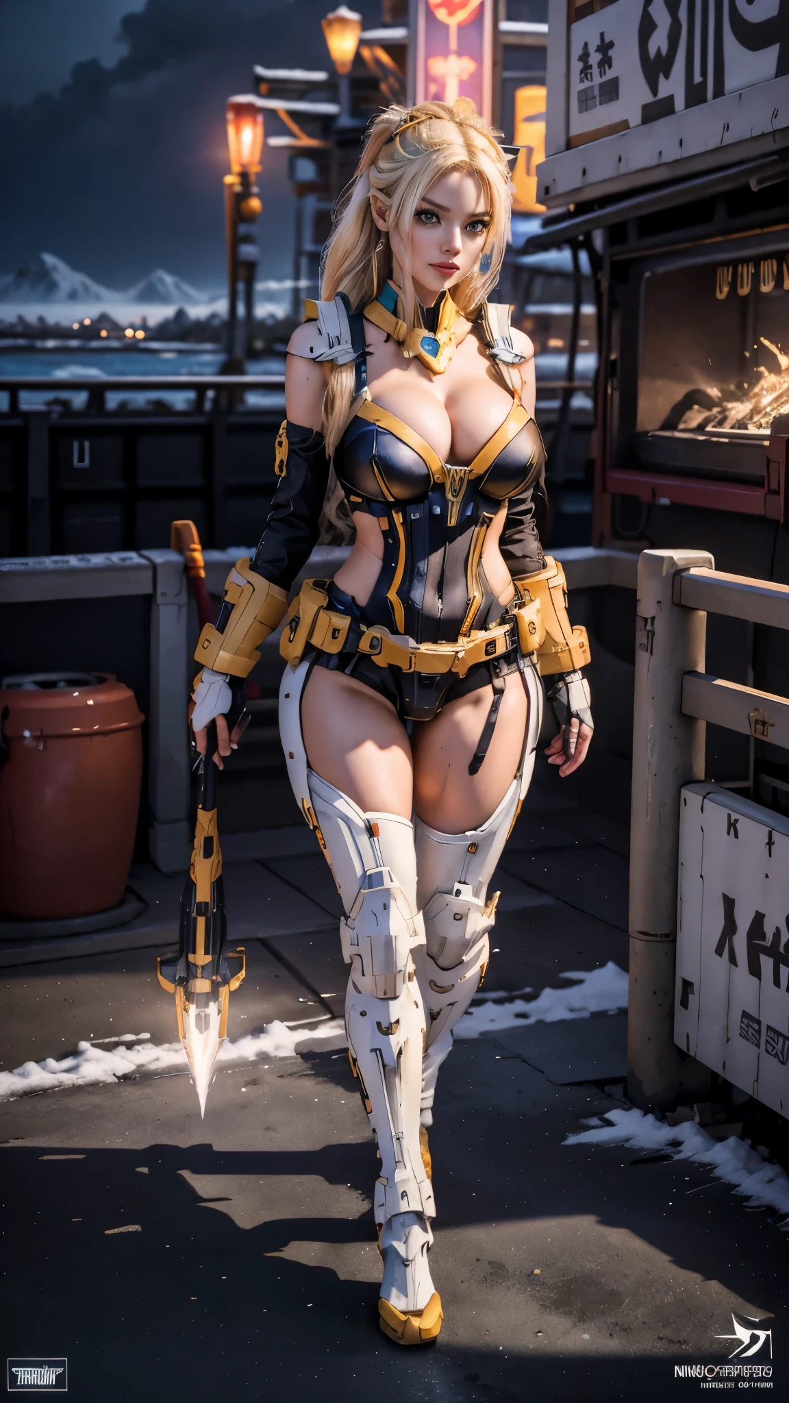 In a very grand scene,The extra-large wide-angle lens captures the appearance of a female centaur。She is tall,It has the ultimate curvy beauty,The muscles are slender and firm,Beautiful lines。Her facial features are tough and coquettish,Always with a sunny smile。She wears special tight-fitting equipment with a strong sense of technology,Step on multifunctional off-road style heels,Delicate and practical protective gear is worn on the hands, feet, wrists, neck and shoulders。The detection equipment around you flashes various cue lights and neon-like information screens,Let her exude a charming brilliance。Use Midjourney's advanced tools,Design special tight-fitting equipment for female centaurs,Highlight her unique physiological characteristics and appearance details,Add realism。And in her adventure scene,Spectacular views of nature,Such as the sky where storms and sunny days alternate、Brilliant rivers of stars and auroras、The snow-capped summit of Mount Everest、Fireworks in the mountain town, etc。ao mesmo tempo,Away from the hustle and bustle of Long Beach Pier is a neon-lit spaceship docked,Create a fantastic scene。Use Midjourney's advanced tools and multiple color palettes、Brush Strokes、Texture tools and model packages,It shows a sense of atmosphere where beauty and charm coexist。The charm of the female centaur is highlighted through color and lines,Enhance realism with detailing,Create a surreal dreamy feeling。Additionally,Use Midjourney's tools to add a variety of extreme sports gear and cultural trinkets to the blonde lady, huge breasts:1, bikini:1,Create intricate hairstyles and outfits,Give her a sense of premium。She never flinches,Regardless of the terrain,can respond quickly,Even the extreme geography and dangerous terrain of aliens cannot stop her。Use Midjourney's powerful tools,You can do it with incredible detail and beauty,Bring this ultra-grand and beautiful scene to life。Ultra-grand scenes,super wide shot, hdr,(Realism,Masterpiece quality,best qualtiy)
