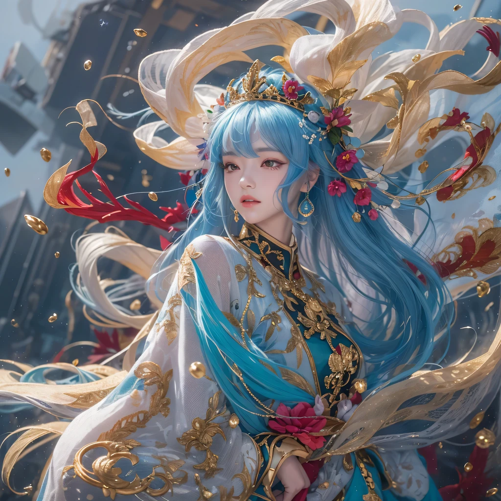 黄 blue colors,enamel,agate,A flesh-colored world,Blood Blue Maiden 32k(masterpiece,HD,Aoyama Pond,Ultra high quality,32k)long flowing bright blue hair,blood pool,Ziddink, a color,Grumpy (After greeting), (Linen scarf), fighting stance, looking at the ground, long white hair, Floating bright blue, Fire cloud gold headdress, Chinese long-sleeved gold silk burgundy garment, (Abstract metaverse splash:1.2), White background,Peony flower vitality protector(realistically:1.4),bright purple hair,Smoke on the road,The background is very pure, high resolution, detail, RAW photos, Sharp Re, Nikon D850 film photo by Jefferies Lee 4 Kodak Portra 400 camera F1.6 guns, colorful, Ultra-realistic and vivid textures, dramatic lighting, Unreal Engine Art Station Trend, Sinest 800,一个有着long flowing bright blue hair的女孩,huge colorful bubbles
