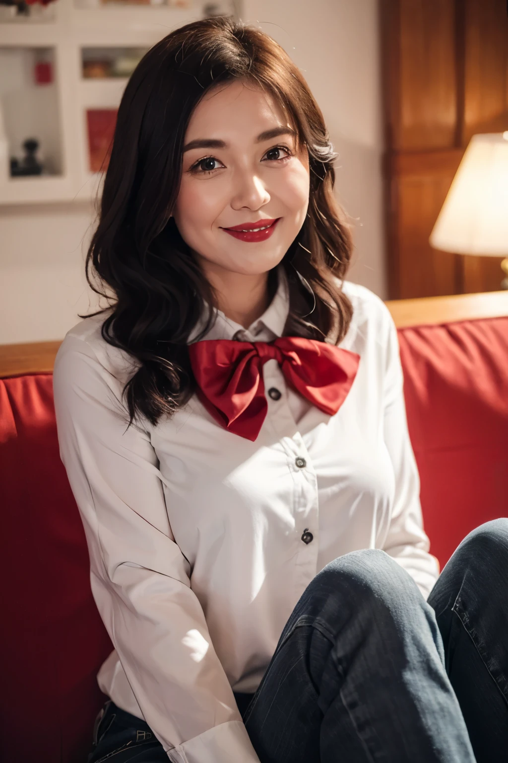 ((top quality、8k、masterpiece:1.3))、sharp focus, High level of image quality, high resolution,,gray shirt,red bow tie,jeans,wavy long hair,indoor background,37-year-old female,Mature,charming smile,Draw lips correctly, red lipstick,stand,Slightly fat,medium chest,full-body shot