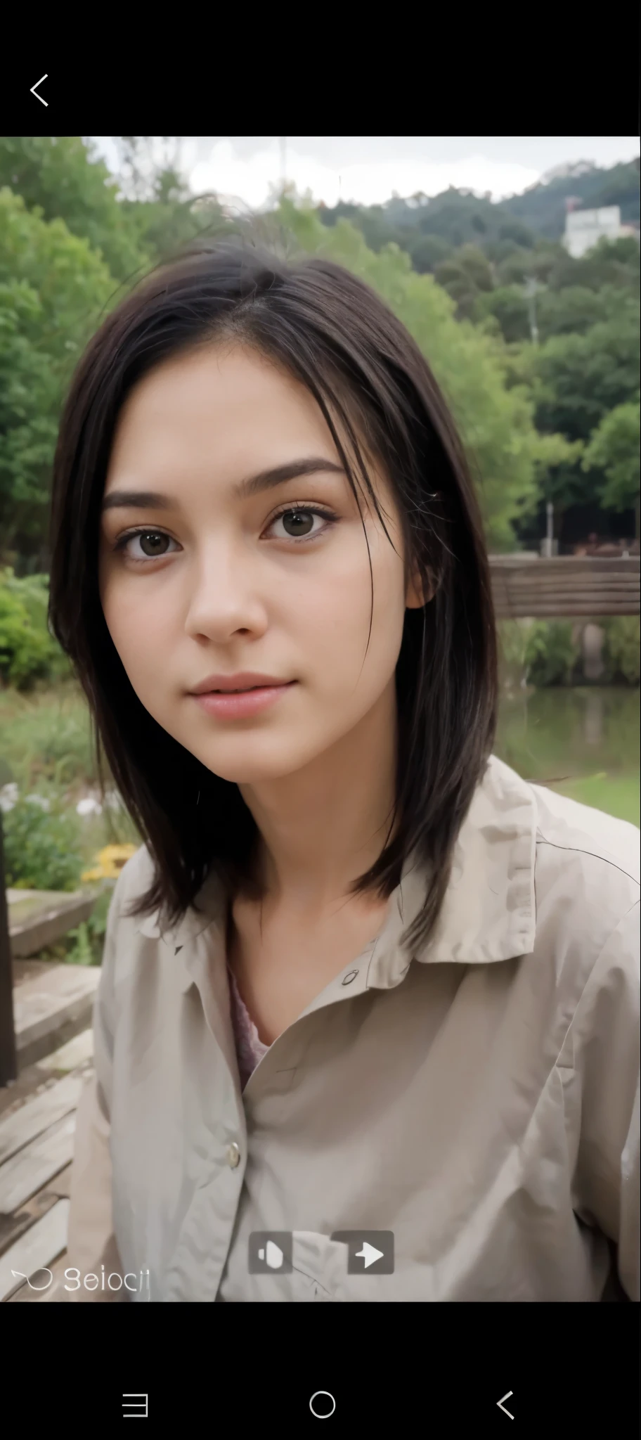 A girl, turn this image into realistic, the face should be exactly the same with reference image, black hair, 