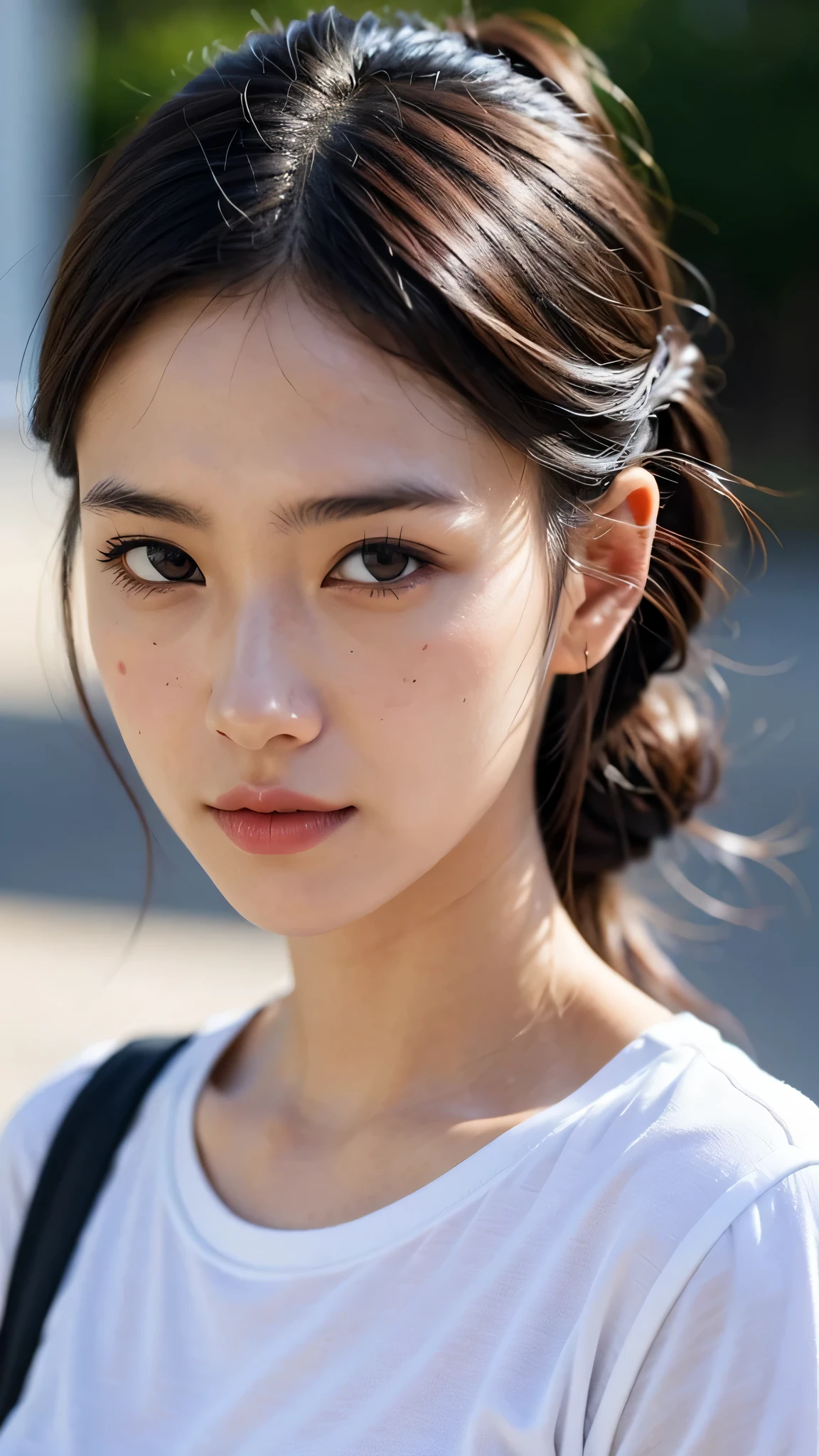 dressed, (photo realistic:1.4), (hyper realistic:1.4), (realistic:1.3), (smoother lighting:1.05), (Improve the quality of movie lighting:0.9), 32K, 1 girl,20 year old girl, realistic lighting, Backlight, light shines on your face, ray tracing, (bright light:1.2), (Improvement of quality:1.4), (Highest quality realistic textured skin:1.4), fine eyes, detailed face, high quality eyes, (tired, sleepy and satisfied:0.0), close up of face, T-shirt