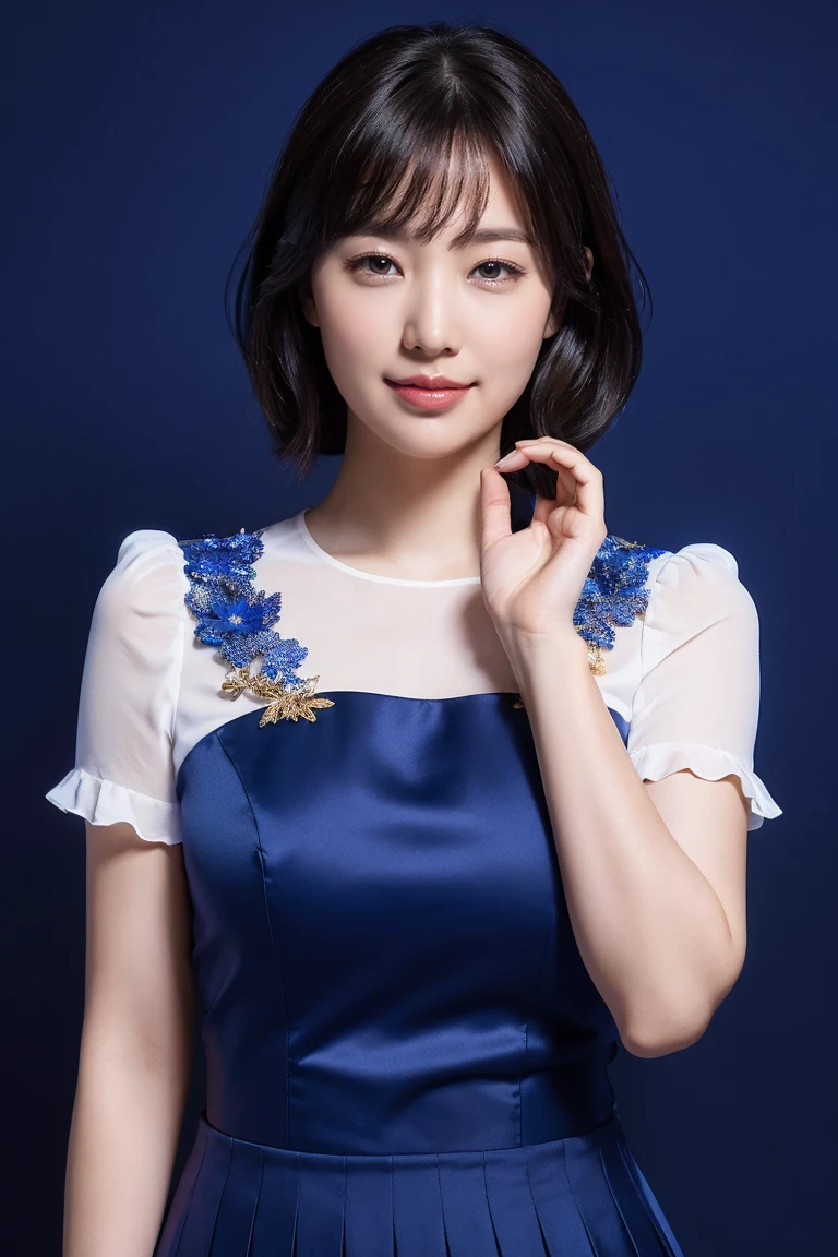 medium view, medium shot, written boundary depth, bust, Upper body, cinematic angle, masterpiece, highest quality, Super detailed, CG, 8k wallpaper, beautiful face, delicate eyes, maiden, alone, smile, bangs, skirt, shirt, have, cobalt blue dress with golden trim, flower background
