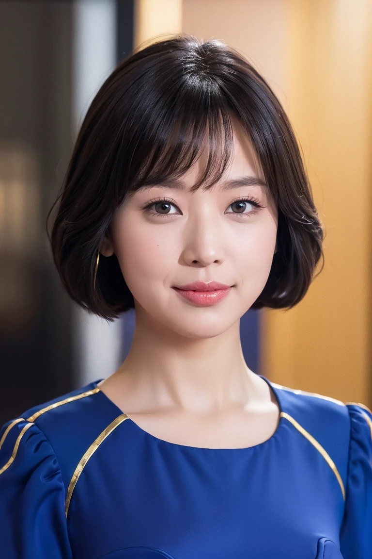 medium view, medium shot, written boundary depth, bust, Upper body, cinematic angle, masterpiece, highest quality, Super detailed, CG, 8k wallpaper, beautiful face, delicate eyes, maiden, alone, smile, bangs, skirt, shirt, have, cobalt blue dress with golden trim, flower background