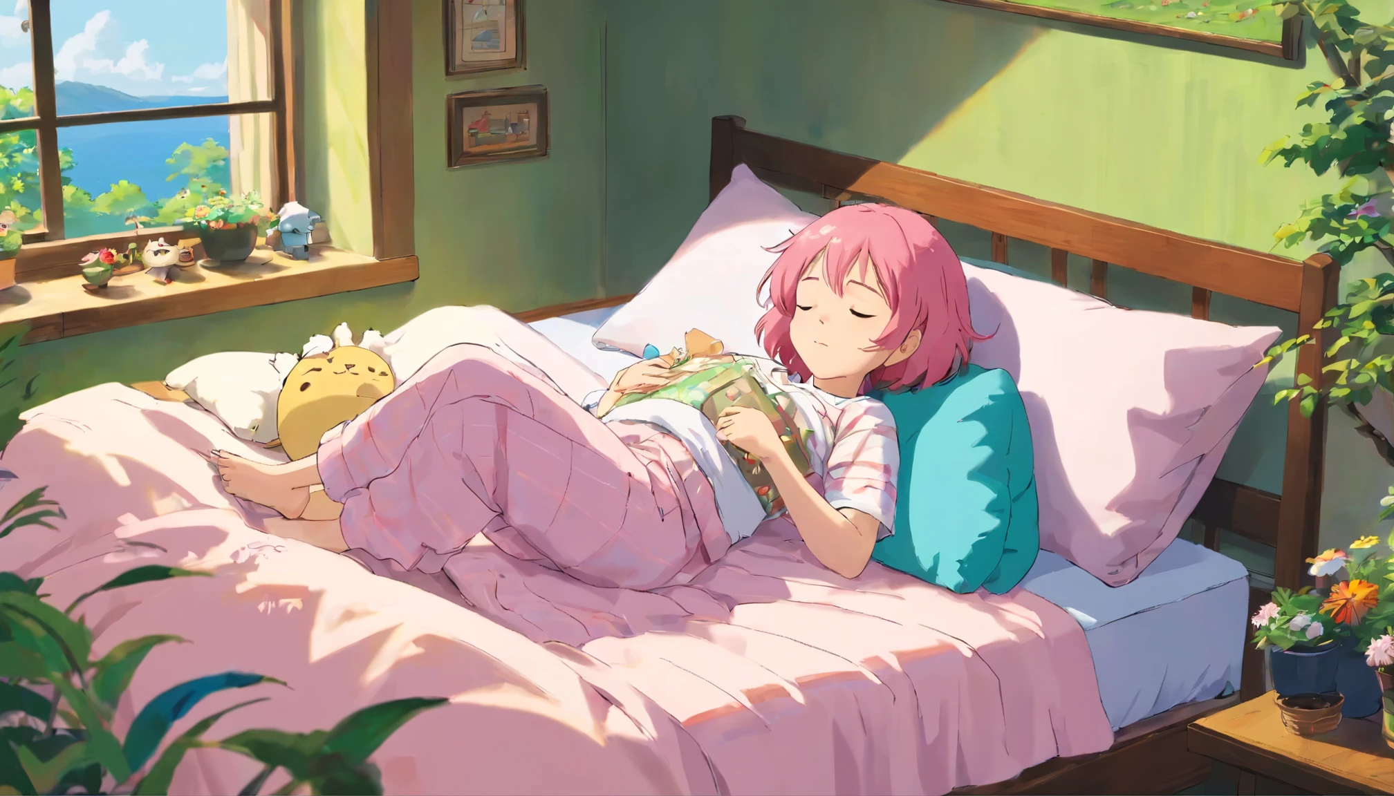 Adult woman sleeping、pink hair、short bob hair、lying in bed、pajamas、stuffed toy、bay window、noon、garden、cushion、reluctant machine