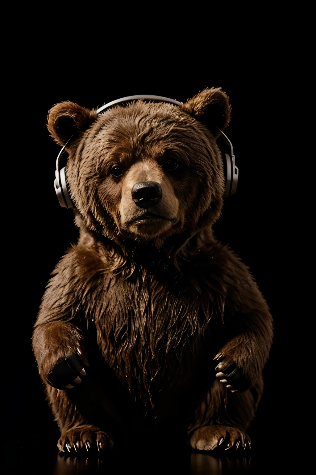 cabeza de un oso grizzly de metal plateado, listening to music on a black background