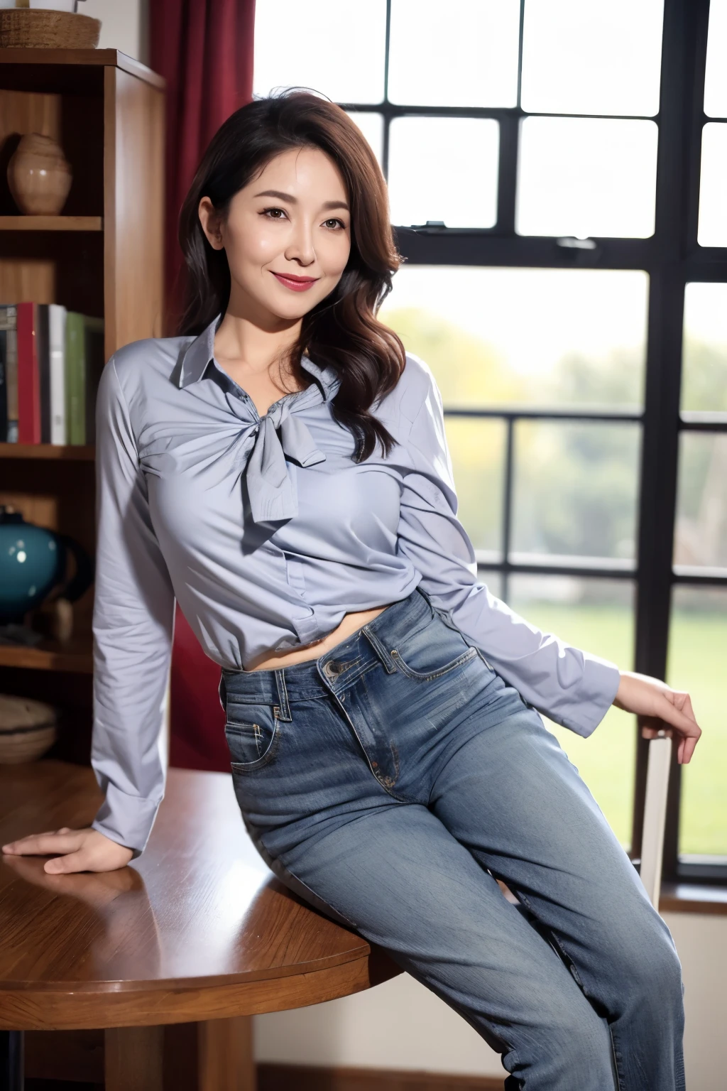 ((top quality、8k、masterpiece:1.3))、sharp focus, High level of image quality, high resolution,,gray shirt,red bow tie,jeans,wavy long hair,indoor background,37-year-old female,Mature,charming smile,Draw lips correctly, red lipstick,stand,Leaning against the table,Leg length,Slightly fat,medium chest,full-body shot