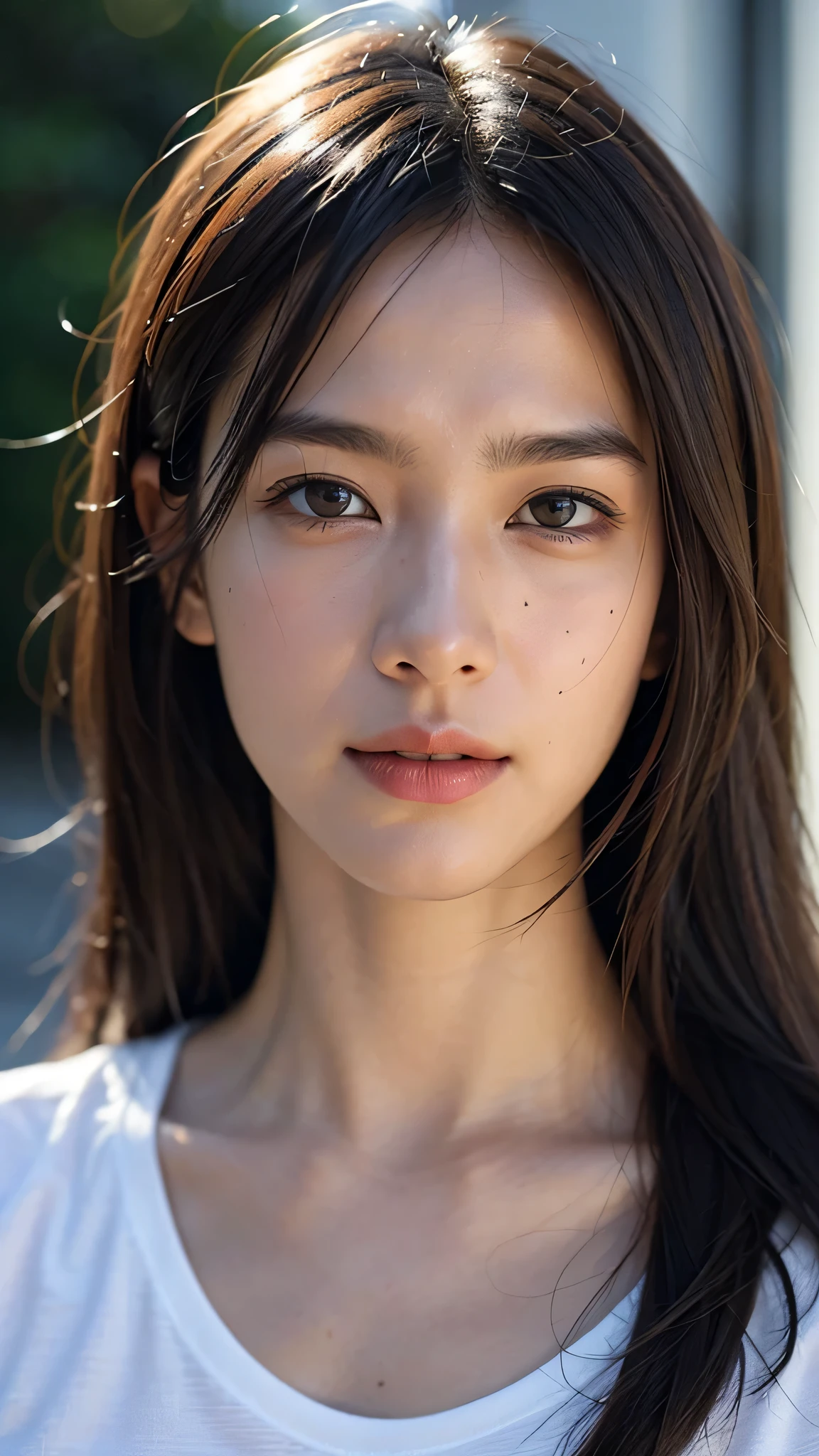 dressed, (photo realistic:1.4), (hyper realistic:1.4), (realistic:1.3), (smoother lighting:1.05), (Improve the quality of movie lighting:0.9), 32K, 1 girl,20 year old girl, realistic lighting, Backlight, light shines on your face, ray tracing, (bright light:1.2), (Improvement of quality:1.4), (Highest quality realistic textured skin:1.4), fine eyes, detailed face, high quality eyes, (tired, sleepy and satisfied:0.0), close up of face, T-shirt