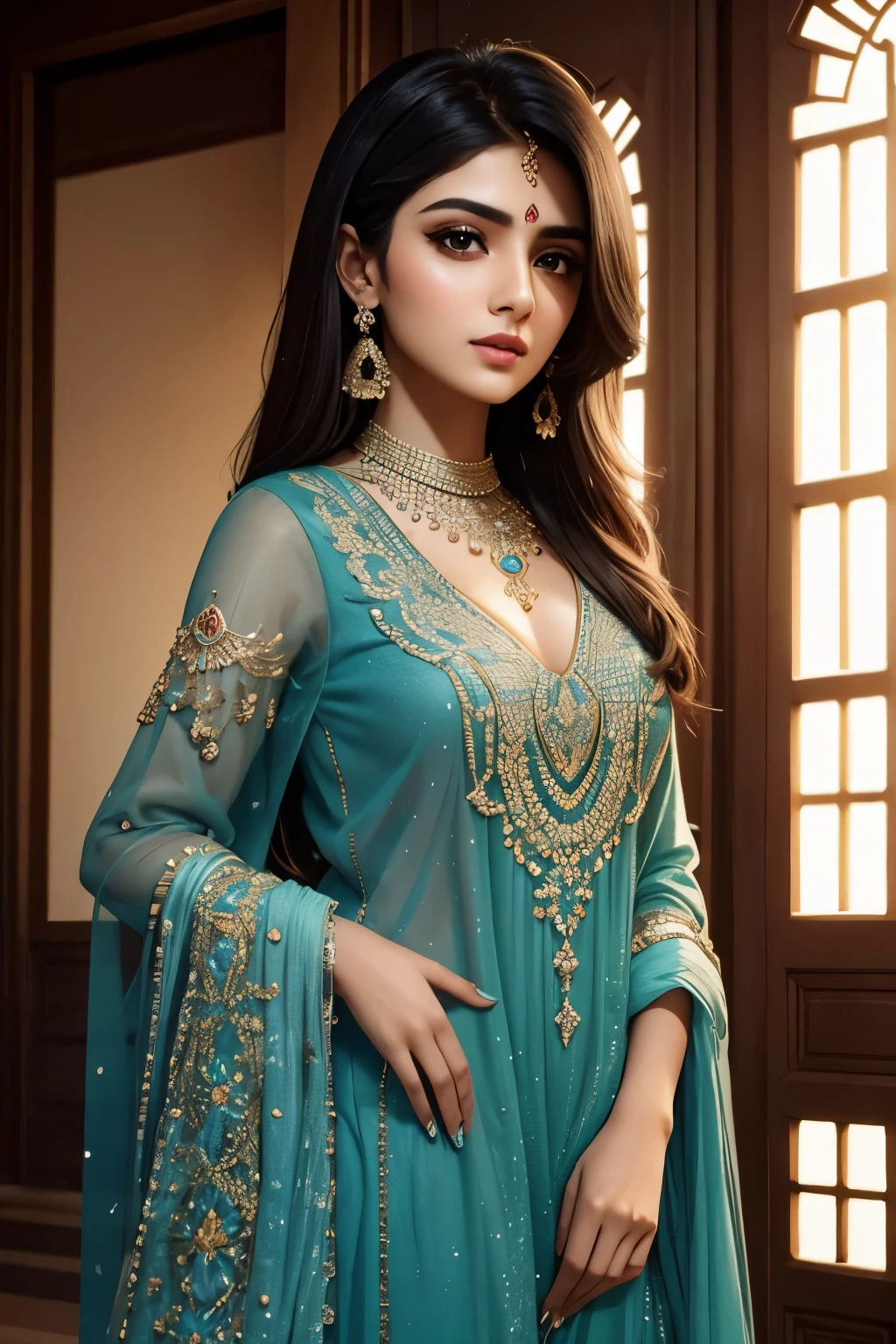 a beautiful pakistani girl who is a celebrity, has perfect symetric and aesthetic face structure, and is the personification of exotic, classy aesthetic