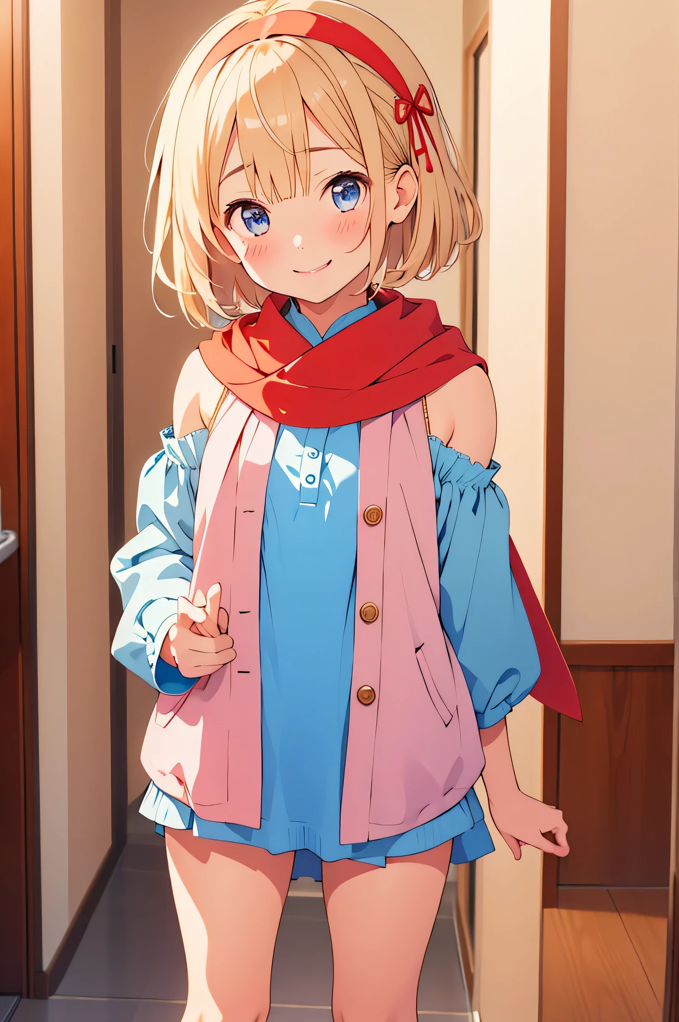 a girl，sweet and cute，Shy，Smile，blush，blonde short hair。eye color is blue，blue dress。Brown shawl on shoulders，Wearing a red headband。slightly higher，wear boots。