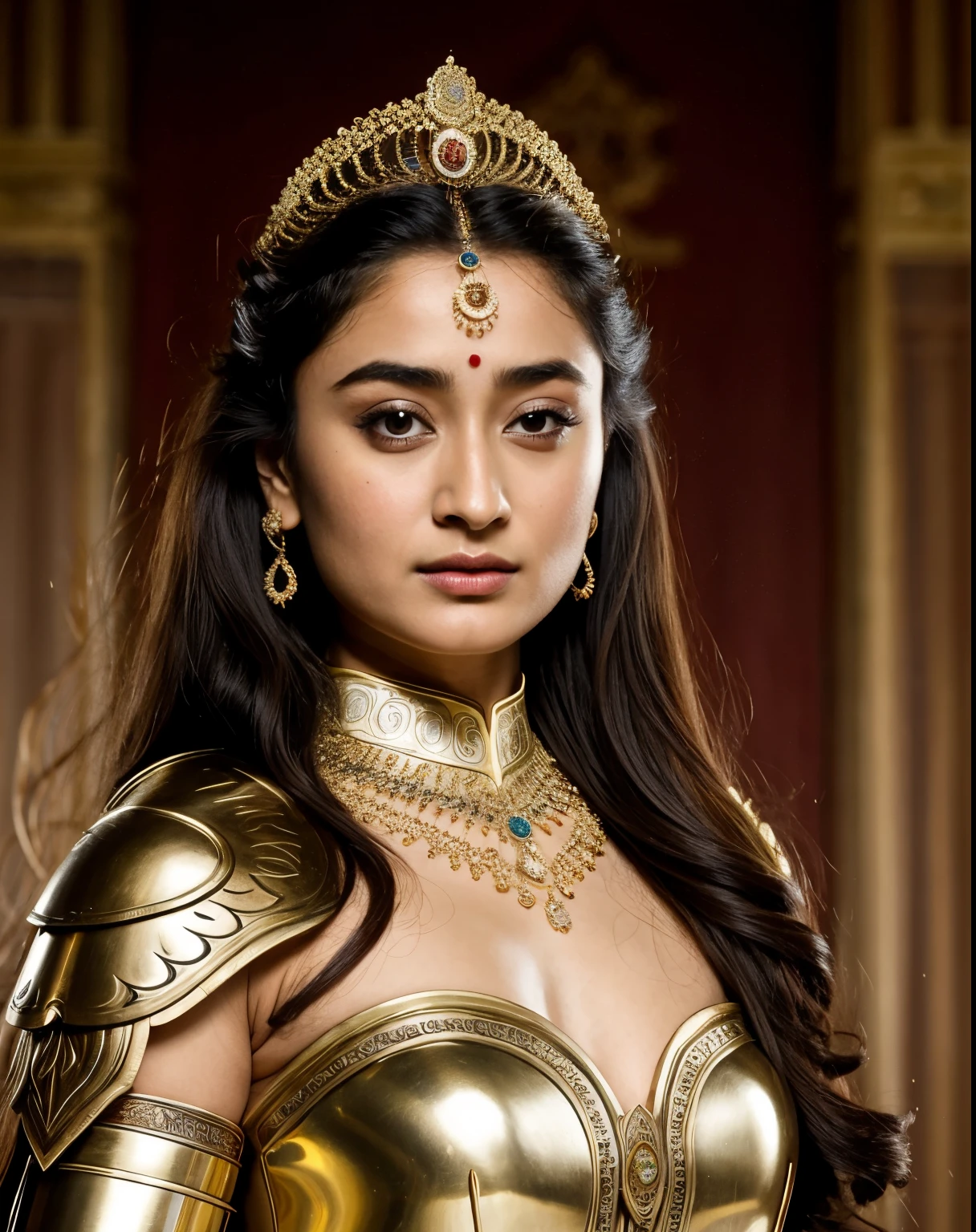 Looks Like Actress Tridha Chaudhary , "Design an illustration of a stunning and powerful warrior queen with a regal presence. Provocative figure, She should possess a combination of strength and grace. Imagine her in ornate, yet practical armor that complements her figure. The armor should be adorned with intricate details and symbols representing her royal lineage and warrior prowess. Her weapon of choice could be a unique and elegant sword or a mythical weapon that reflects her status as a formidable leader.
Her facial features should exude confidence and determination, with piercing eyes that convey both fierceness and wisdom. The queen's hair, whether long or short, should flow dynamically, hinting at her movement in battle. Consider incorporating elements that emphasize her connection to nature or a mythical realm, such as ethereal backgrounds, symbolic animals, or mystical symbols.
Pay attention to the color palette; use rich, bold colors that enhance her royal aura. Experiment with lighting to highlight specific details and create a sense of drama. Ensure that her posture and expression capture the essence of a queen who commands respect and admiration. Feel free to draw inspiration from historical warrior queens or fictional characters, blending elements to create a unique and captivating image.", intricate, flawless, skin texture, skin pores, hairy armpits,