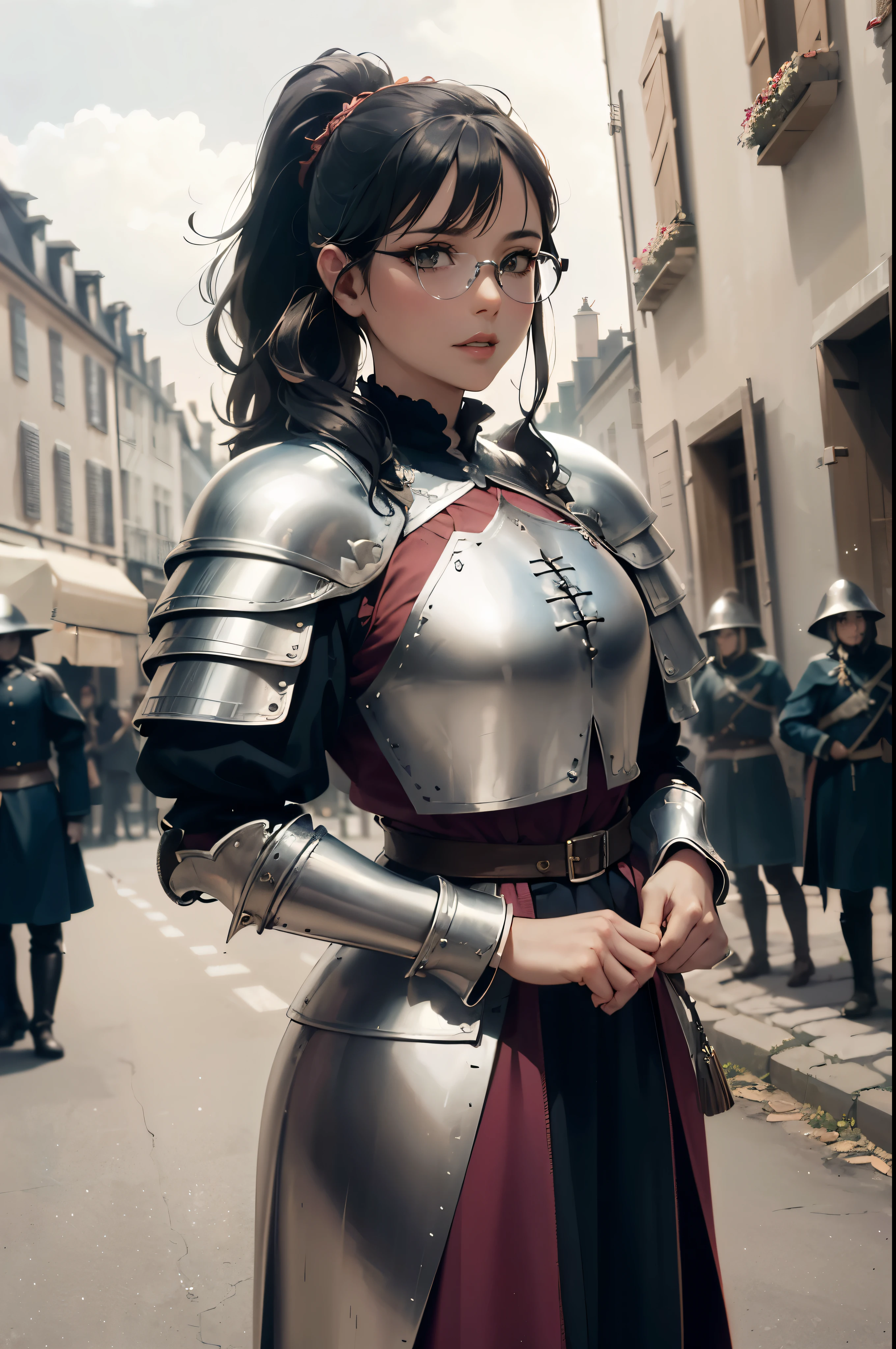 ((Wide angle view of the Hundred Years' War in France)), beautiful young woman, black hair in a ponytail, smooth, wear glasses, สวมชุดเกราะของ Jeanne d'Arc